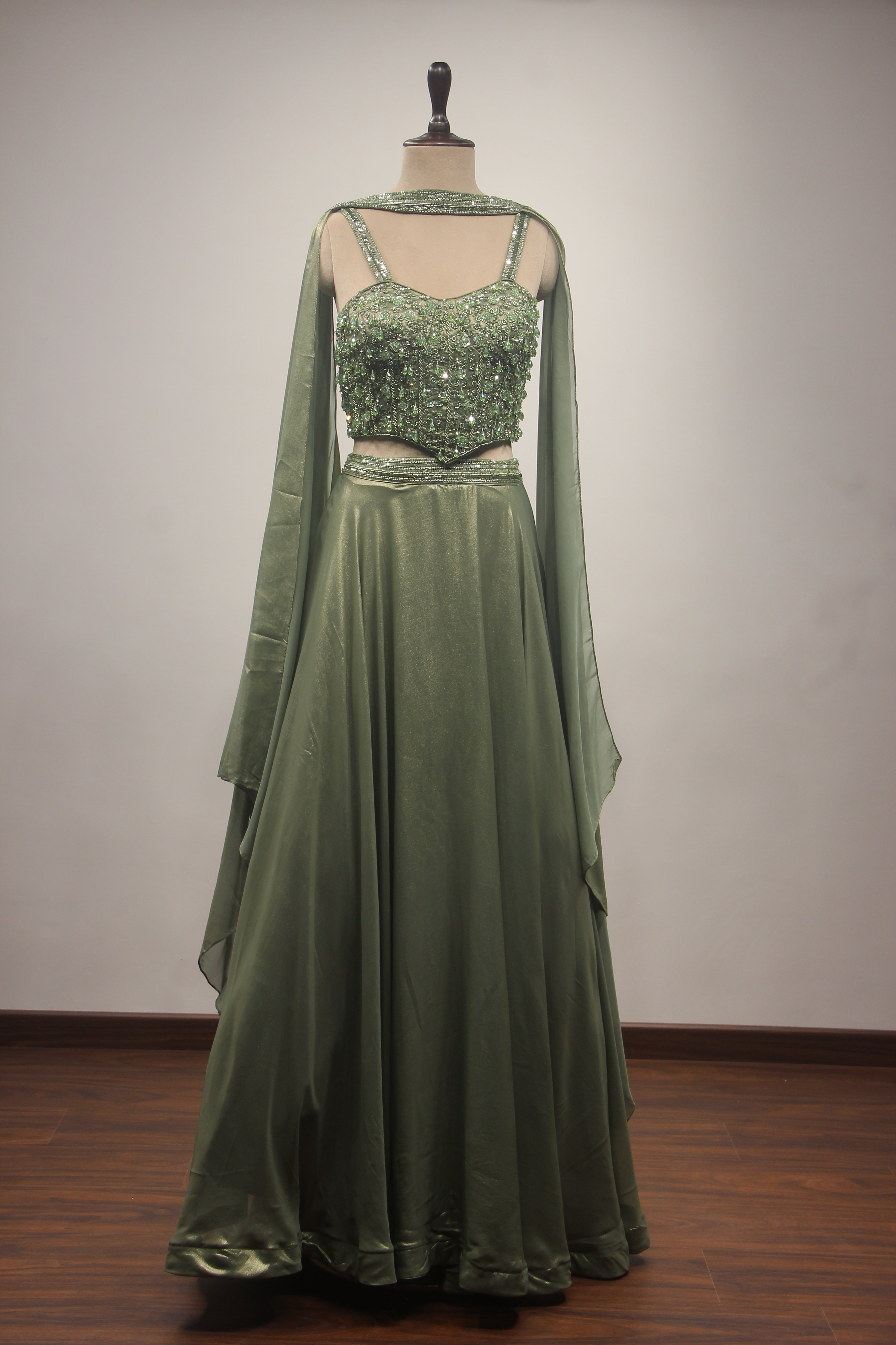 Dusty Green Shimmer Georgette Lehenga with Corset & Choker Dupatta