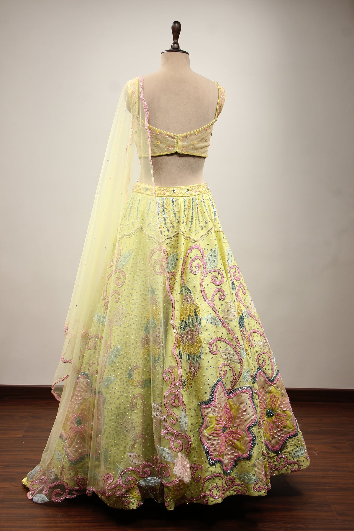Pista Green Dupion Lehenga with Mirror & Cut Dana Handwork Net Corset – back view