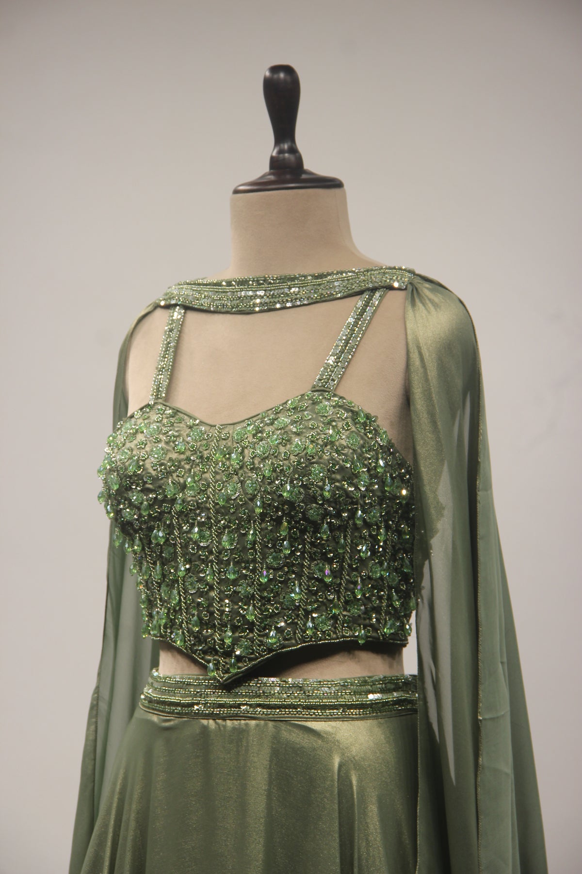 Dusty Green Shimmer Georgette Lehenga with Corset & Choker Dupatta