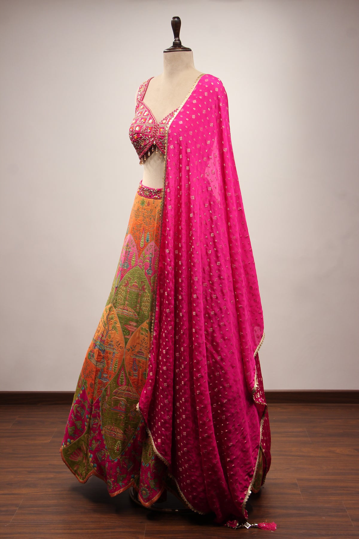 Dupion Lehenga with Printed & Mirror Handwork Crop Top