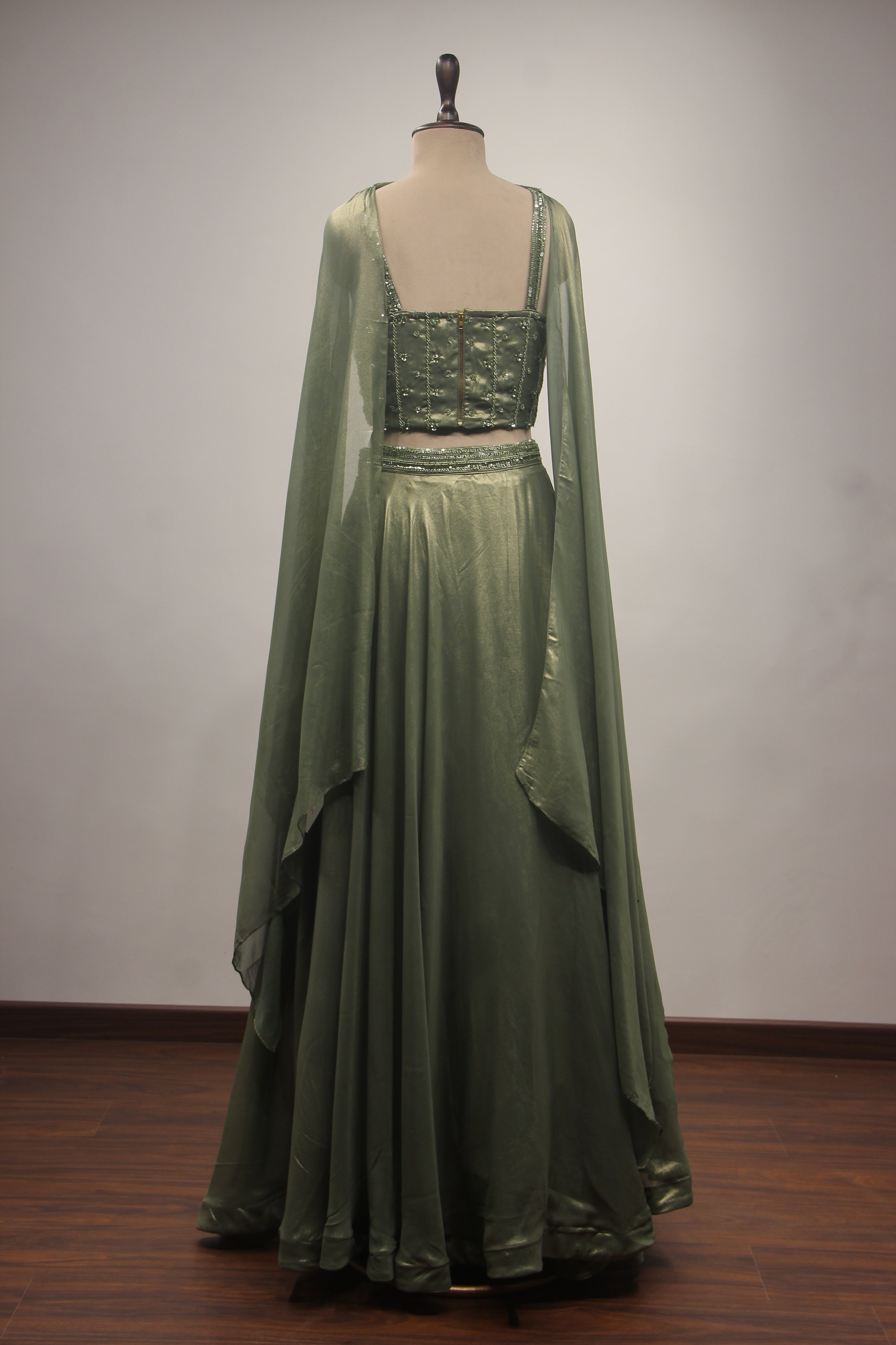 Dusty Green Shimmer Georgette Lehenga with Corset & Choker Dupatta