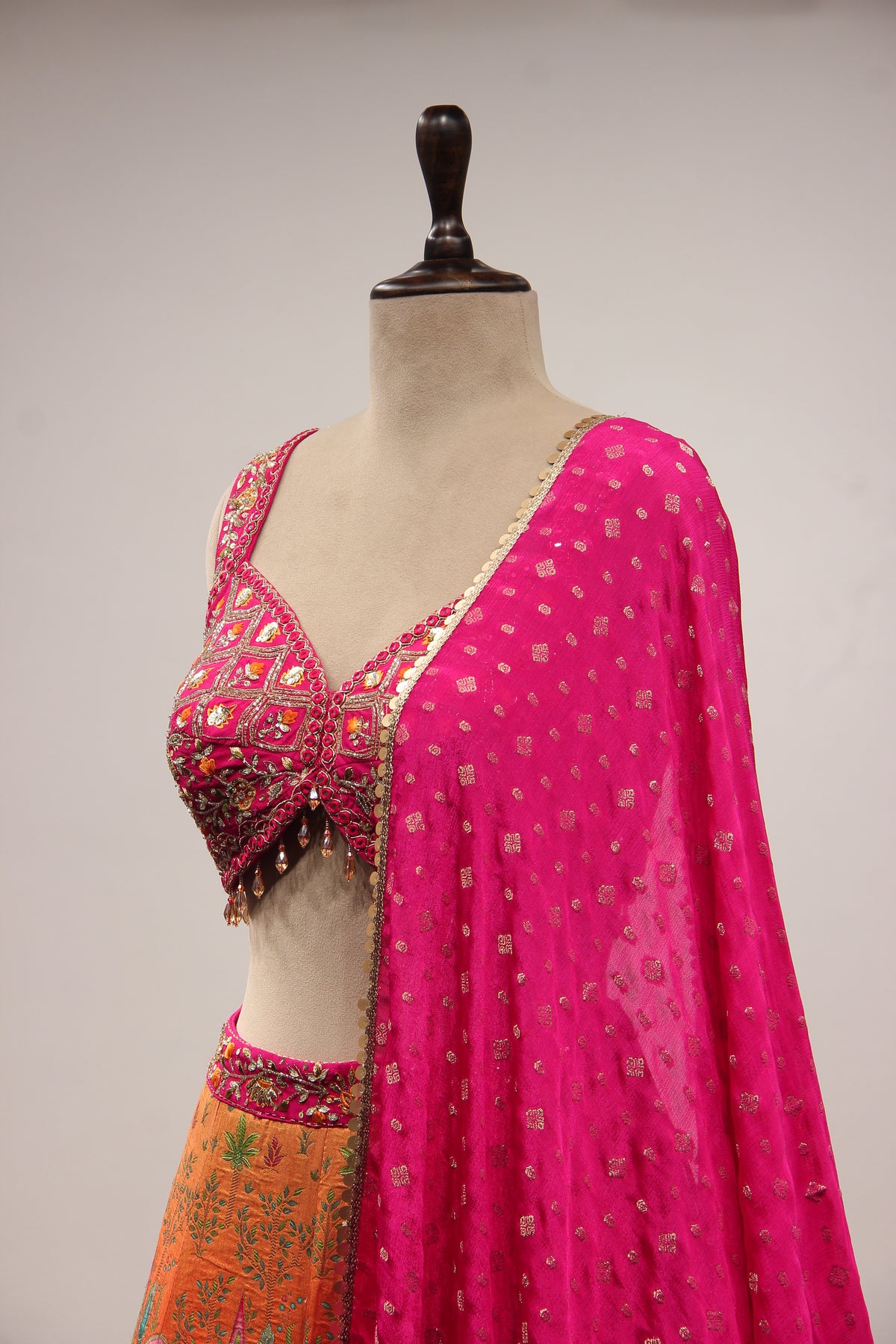 Dupion Lehenga with Printed & Mirror Handwork Crop Top