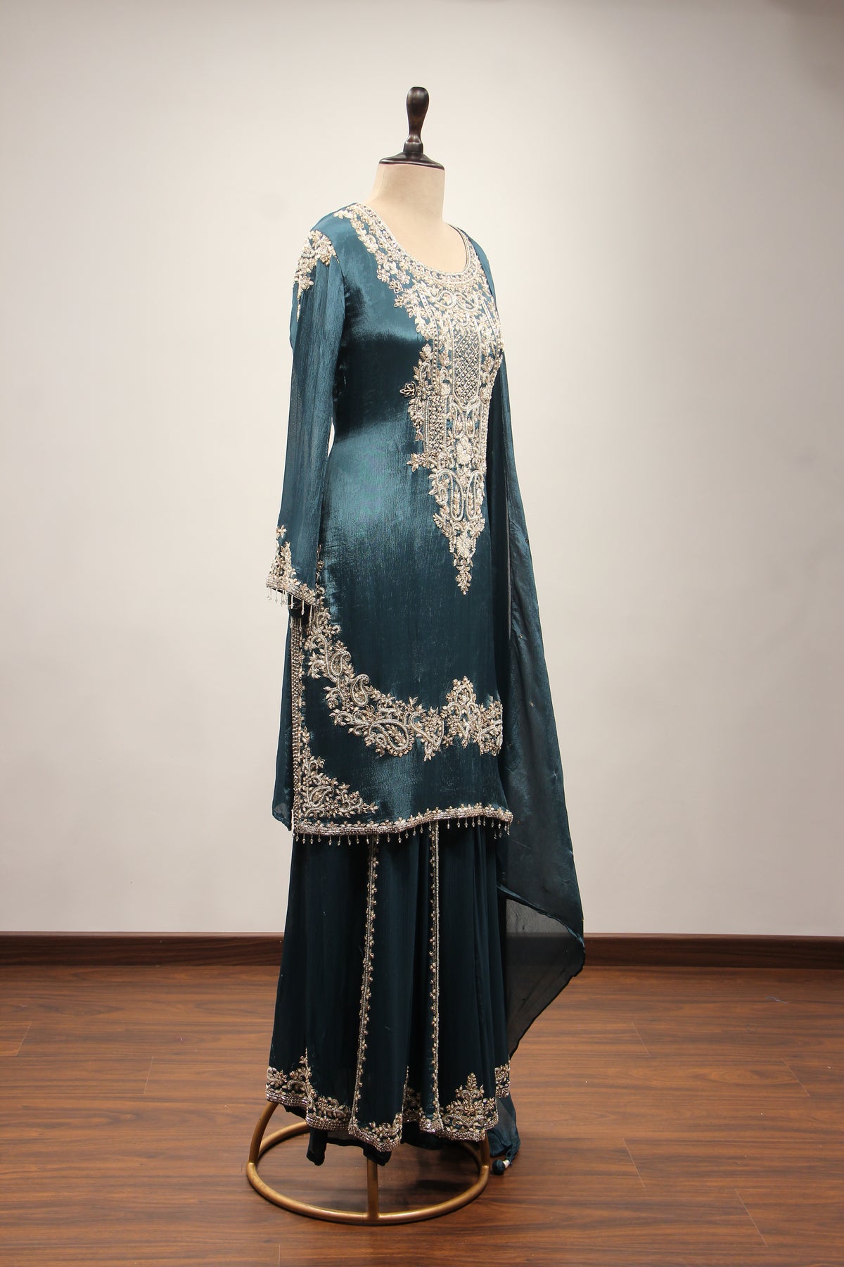Crepe Sharara with Cut Dana & Bead Handwork, Full Sleeves