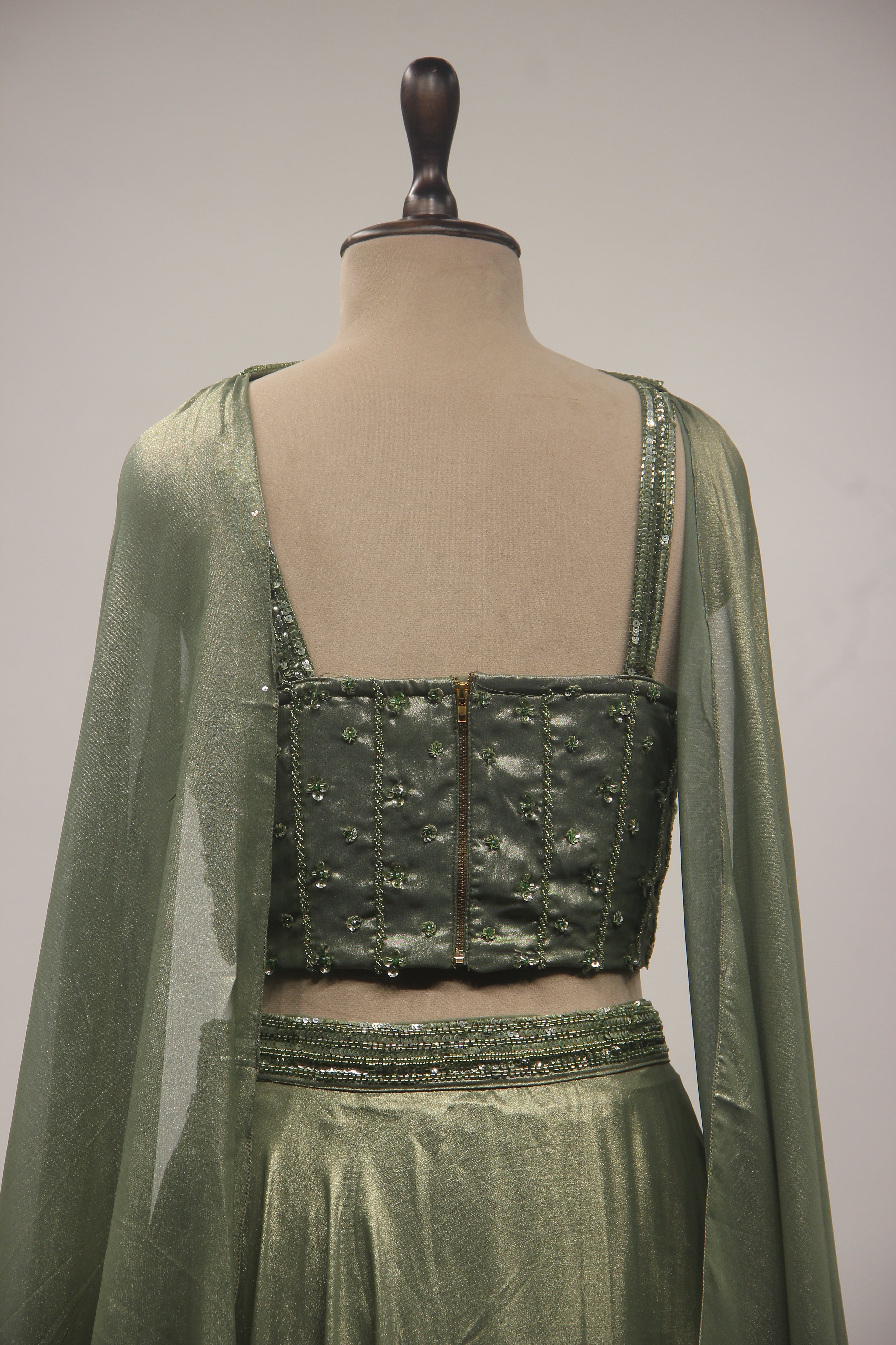 Dusty Green Shimmer Georgette Lehenga with Corset & Choker Dupatta