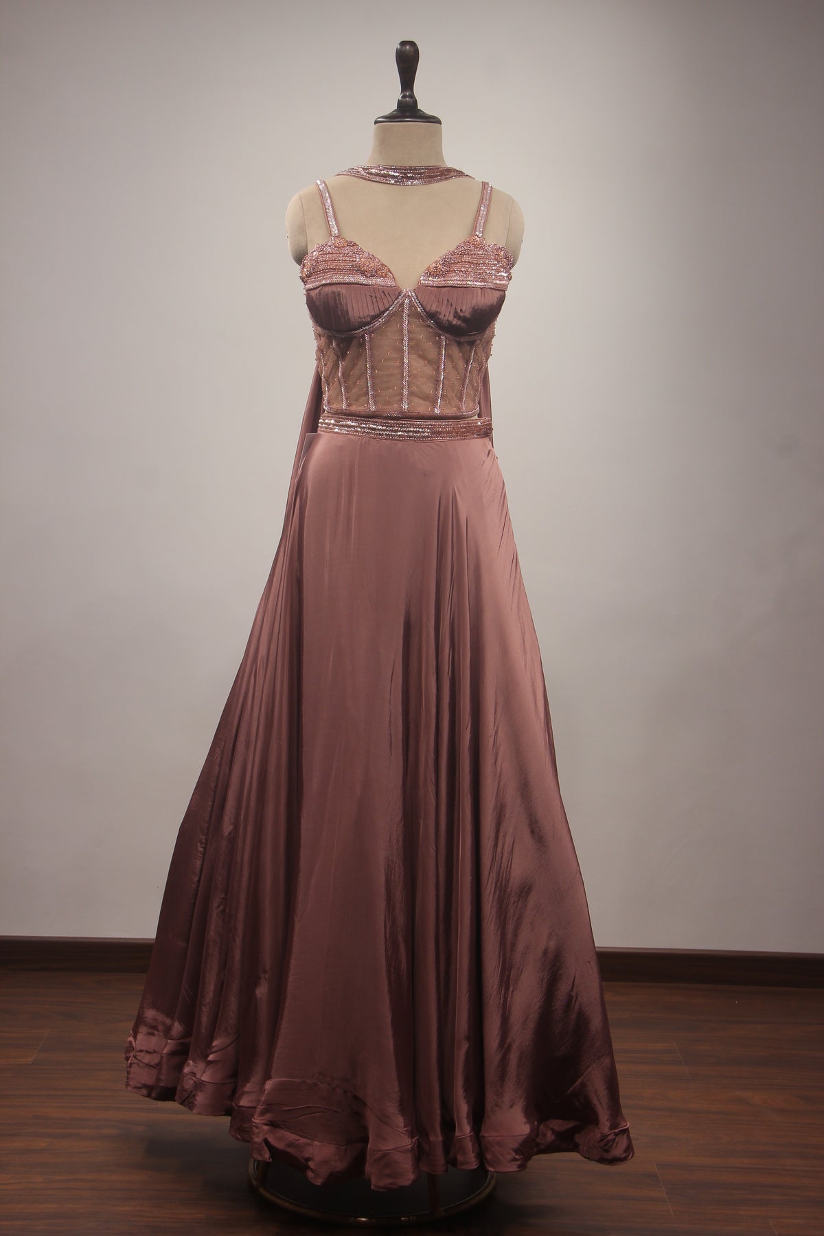 Rose Gold Crepe Lehenga with Corset Blouse, Cut Dana & Bead Handwork