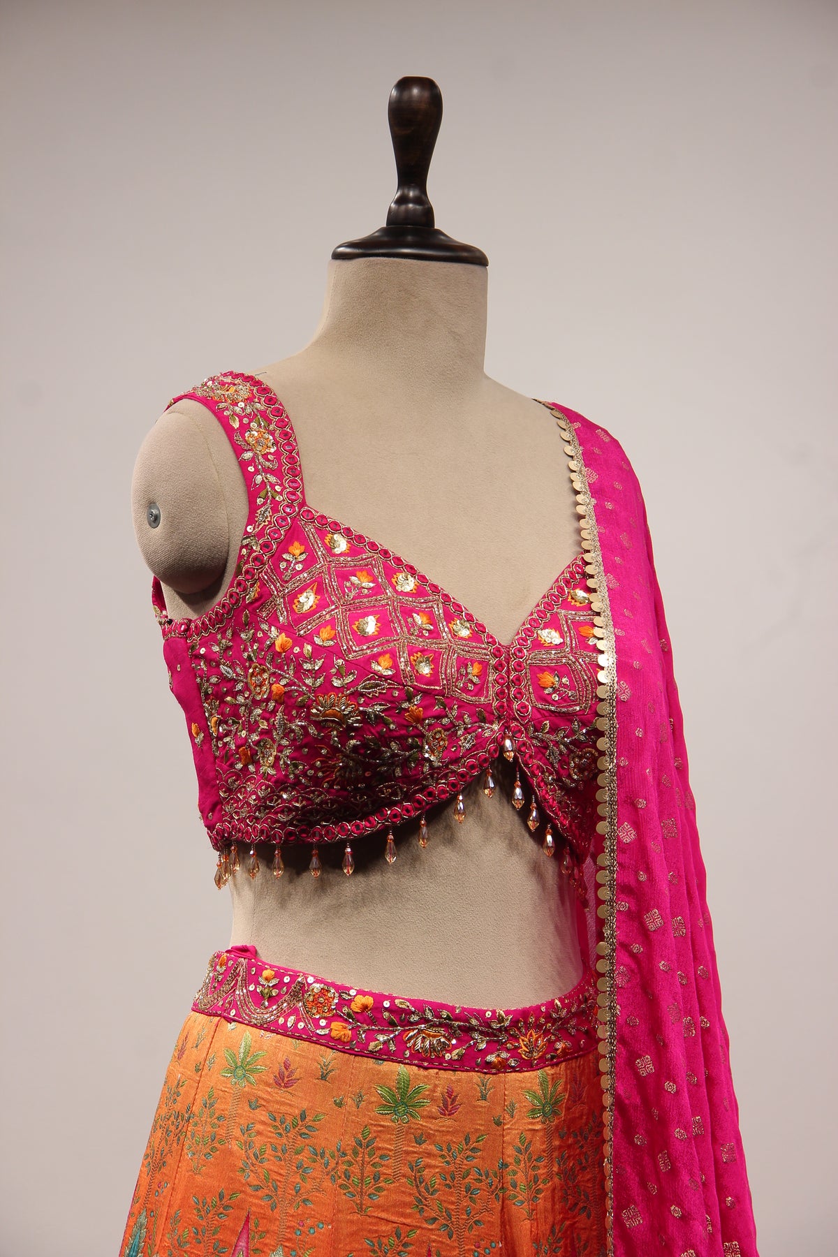 Dupion Lehenga with Printed & Mirror Handwork Crop Top