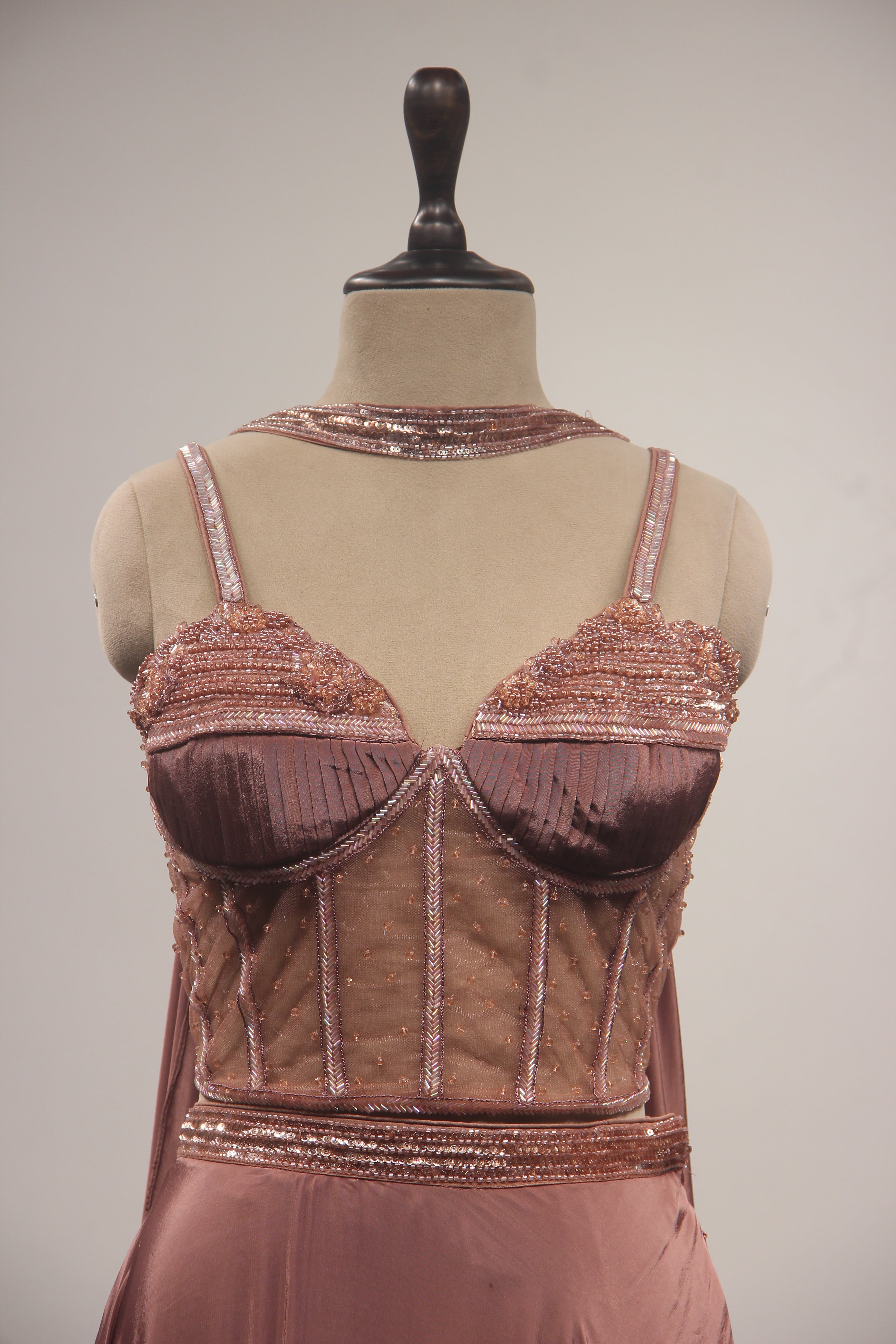 Rose Gold Crepe Lehenga with Corset Blouse, Cut Dana & Bead Handwork