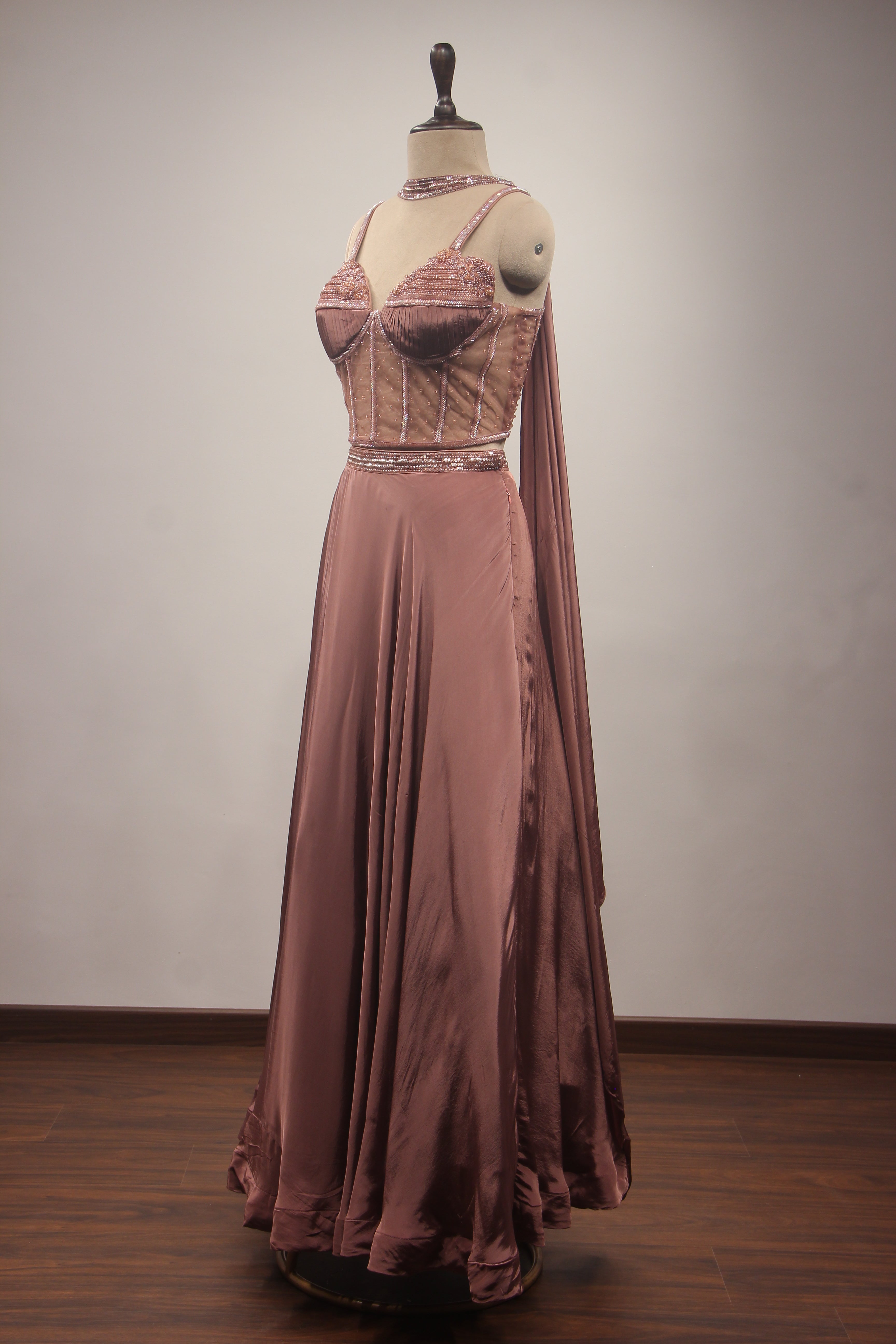 Rose Gold Crepe Lehenga with Corset Blouse, Cut Dana & Bead Handwork