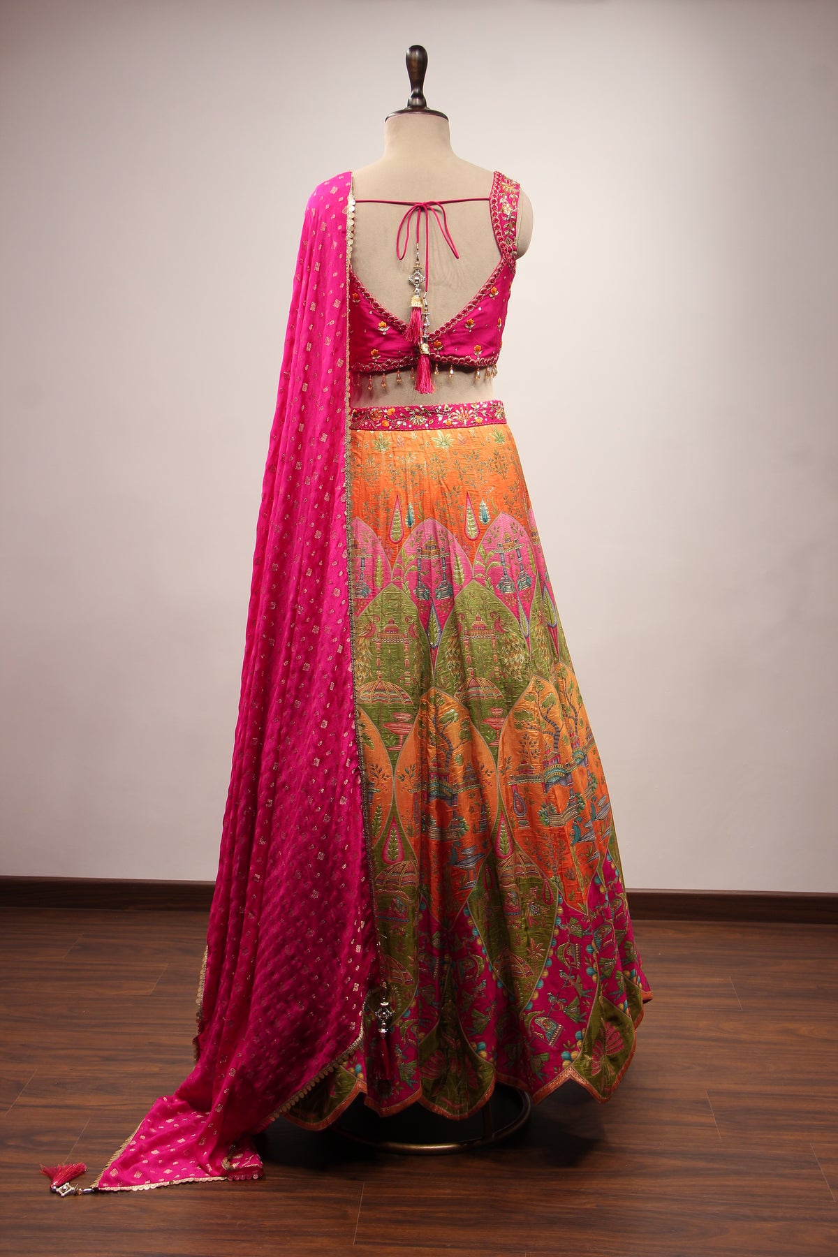 Dupion Lehenga with Printed & Mirror Handwork Crop Top
