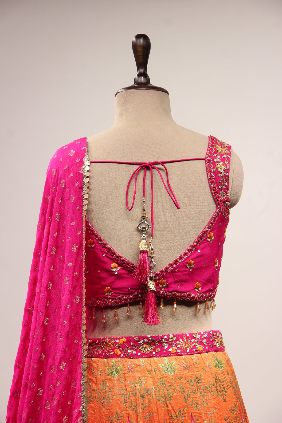 Dupion Lehenga with Printed & Mirror Handwork Crop Top