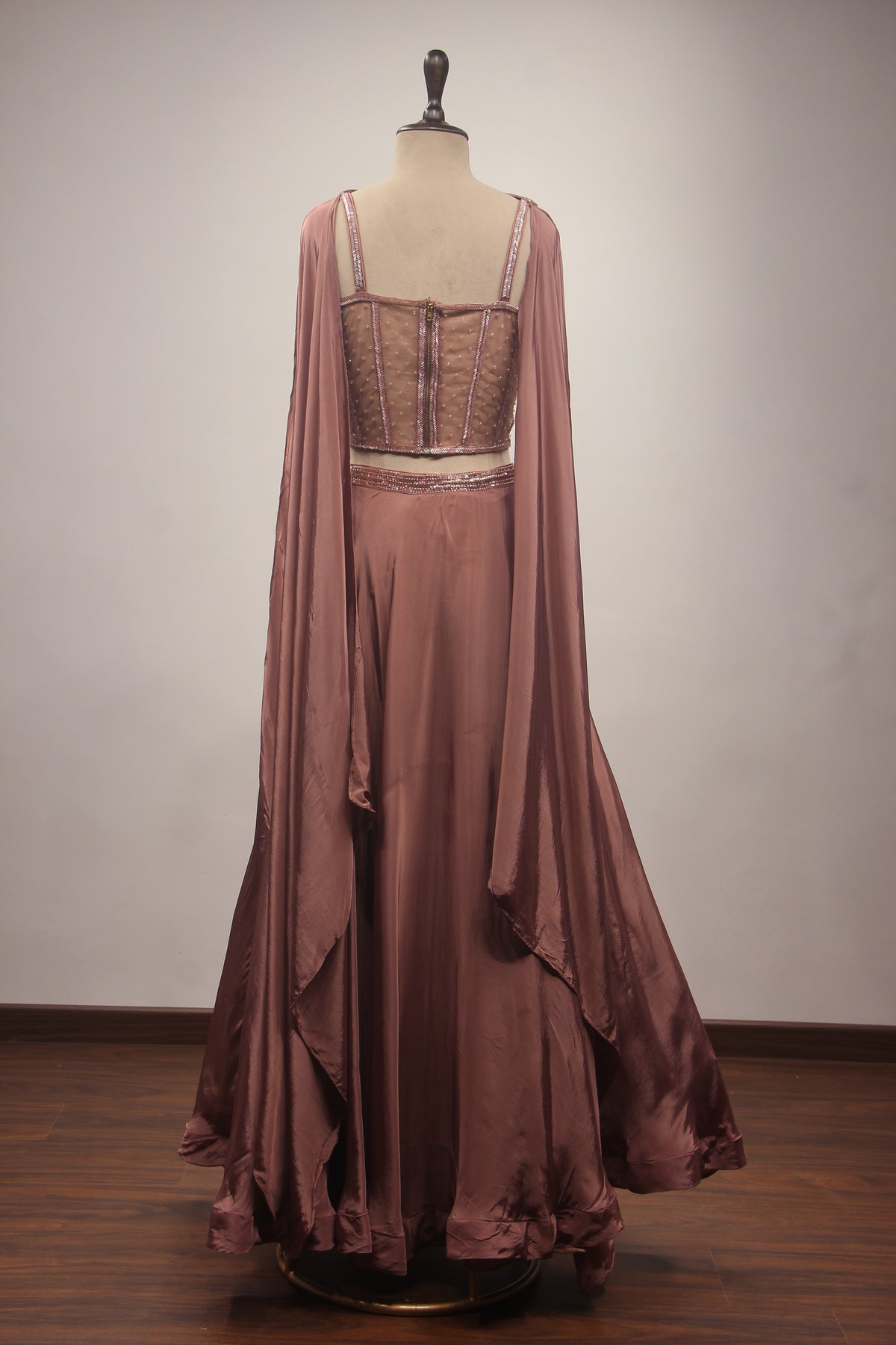 Rose Gold Crepe Lehenga with Corset Blouse, Cut Dana & Bead Handwork