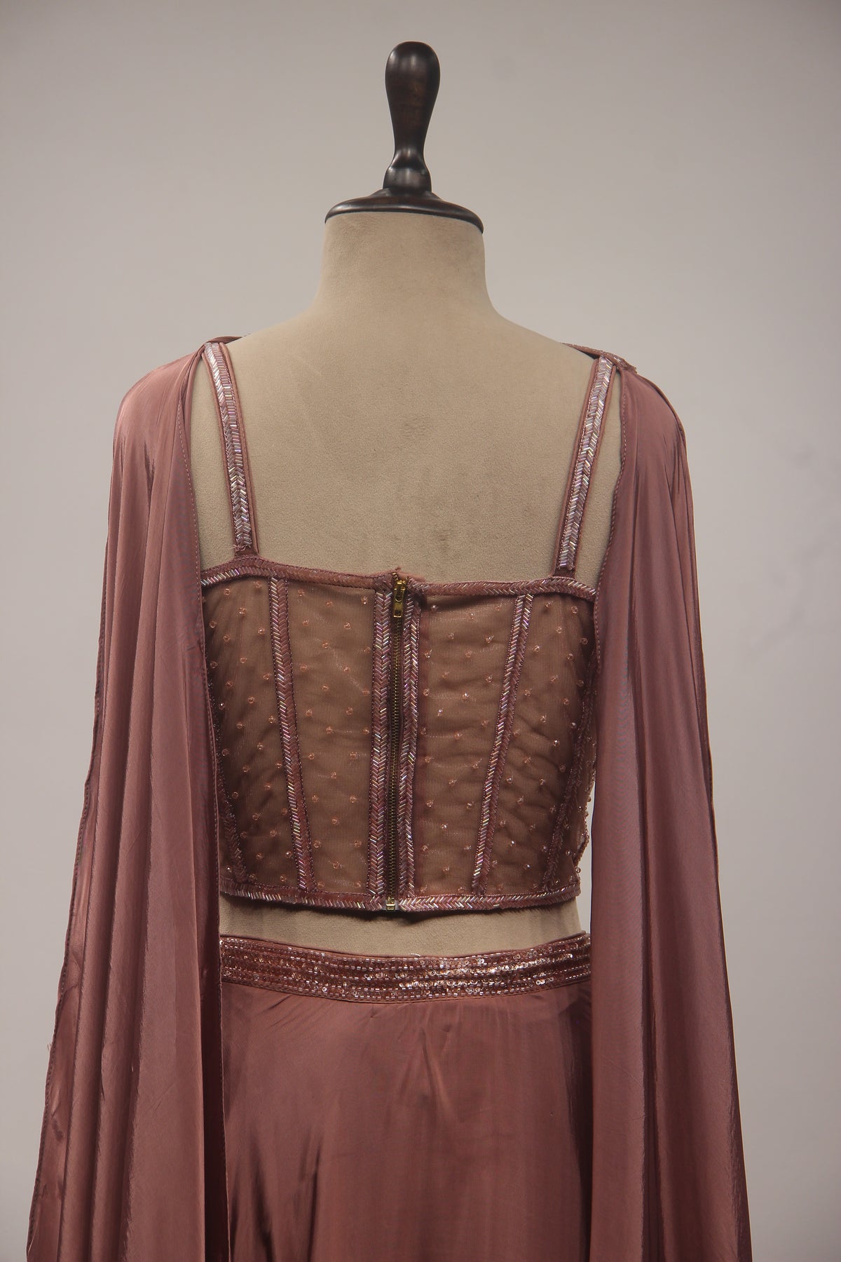 Rose Gold Crepe Lehenga with Corset Blouse, Cut Dana & Bead Handwork