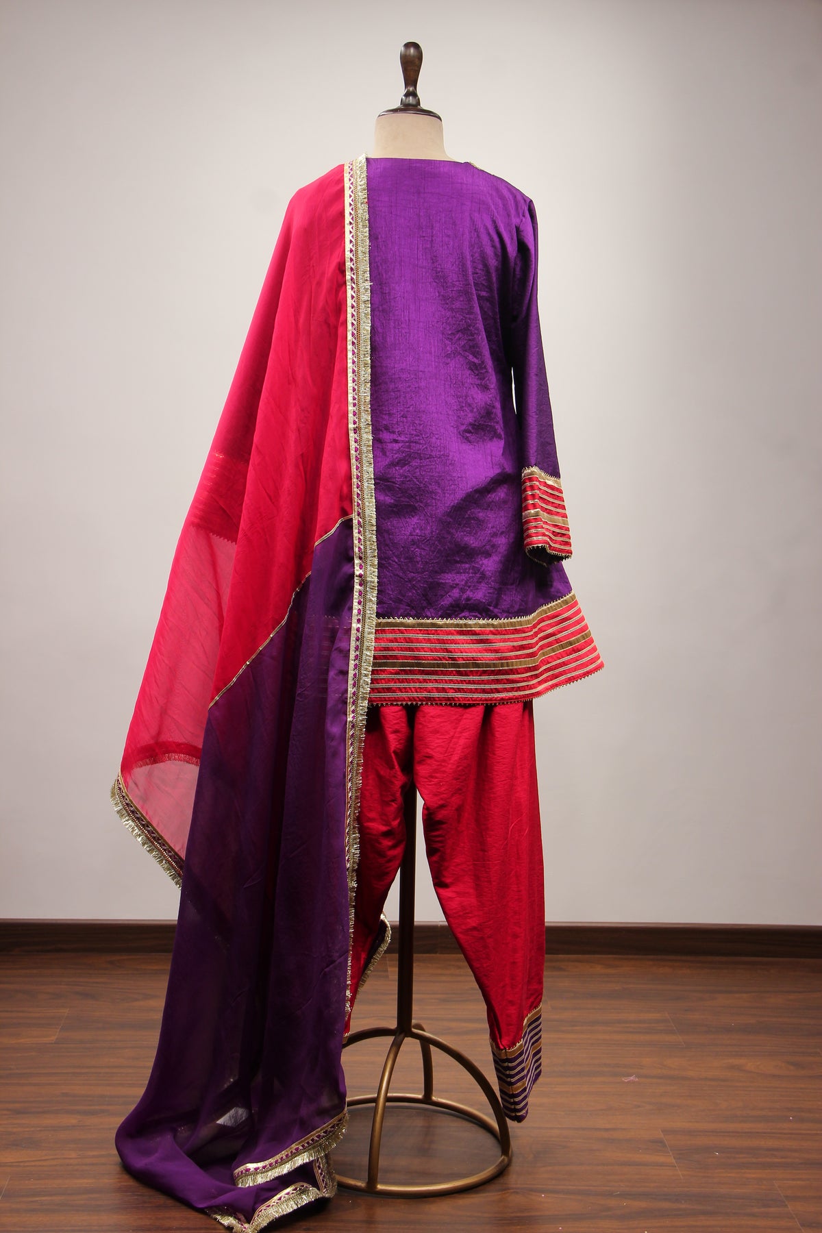 Purple Dupion Peplum Suit with Hand Embroidery & Gota Patti Handwork – back view