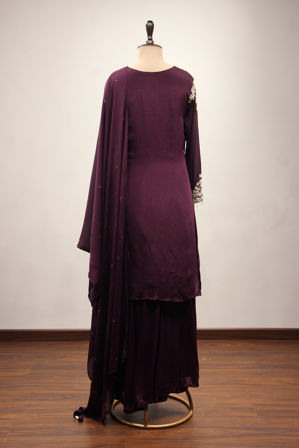 Crepe Sharara with Cut Dana & Bead Handwork, Full Sleeves