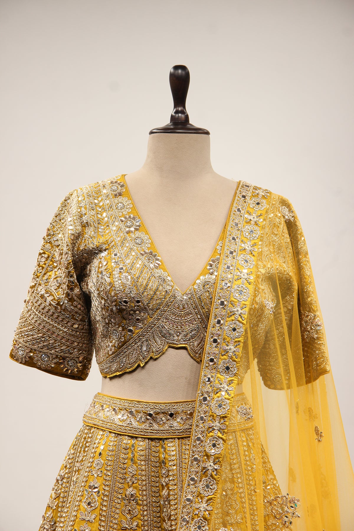 Mustard Silk Lehenga with Zari & Zardozi Handwork Crop Top – front close-up