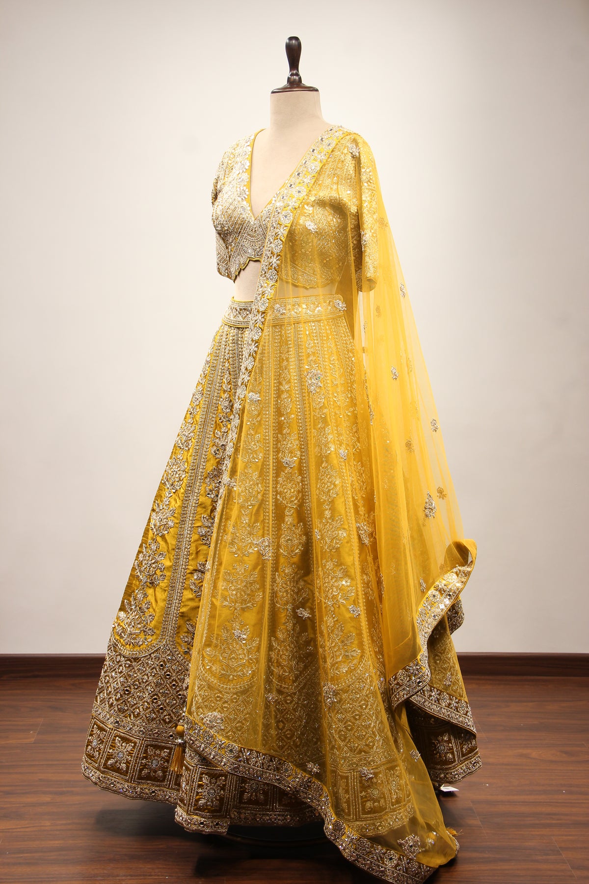 Mustard Silk Lehenga with Zari & Zardozi Handwork Crop Top – side view