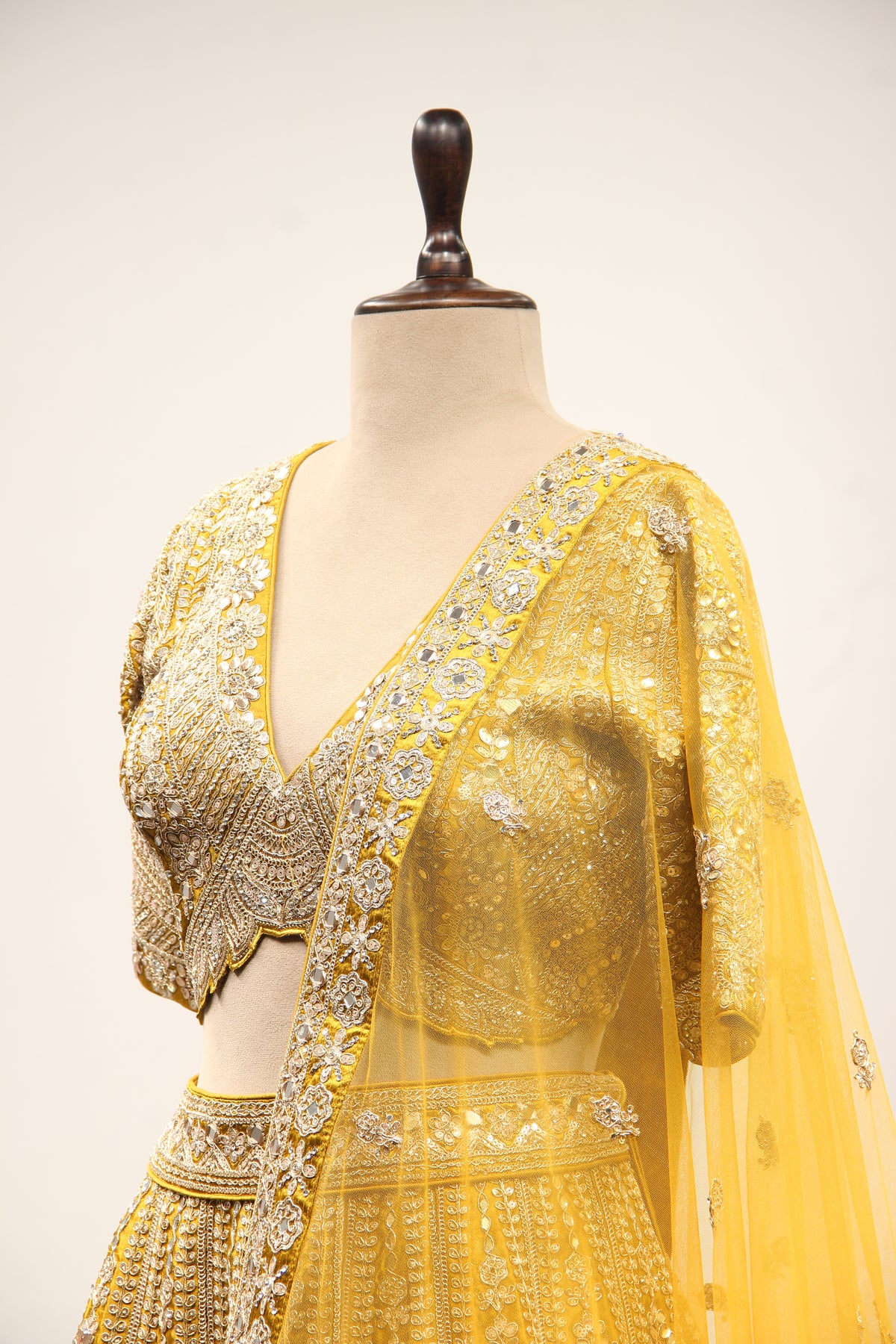 Mustard Silk Lehenga with Zari & Zardozi Handwork Crop Top – side close-up