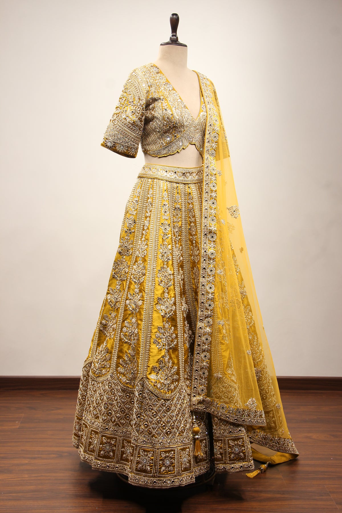 Mustard Silk Lehenga with Zari & Zardozi Handwork Crop Top – other side view