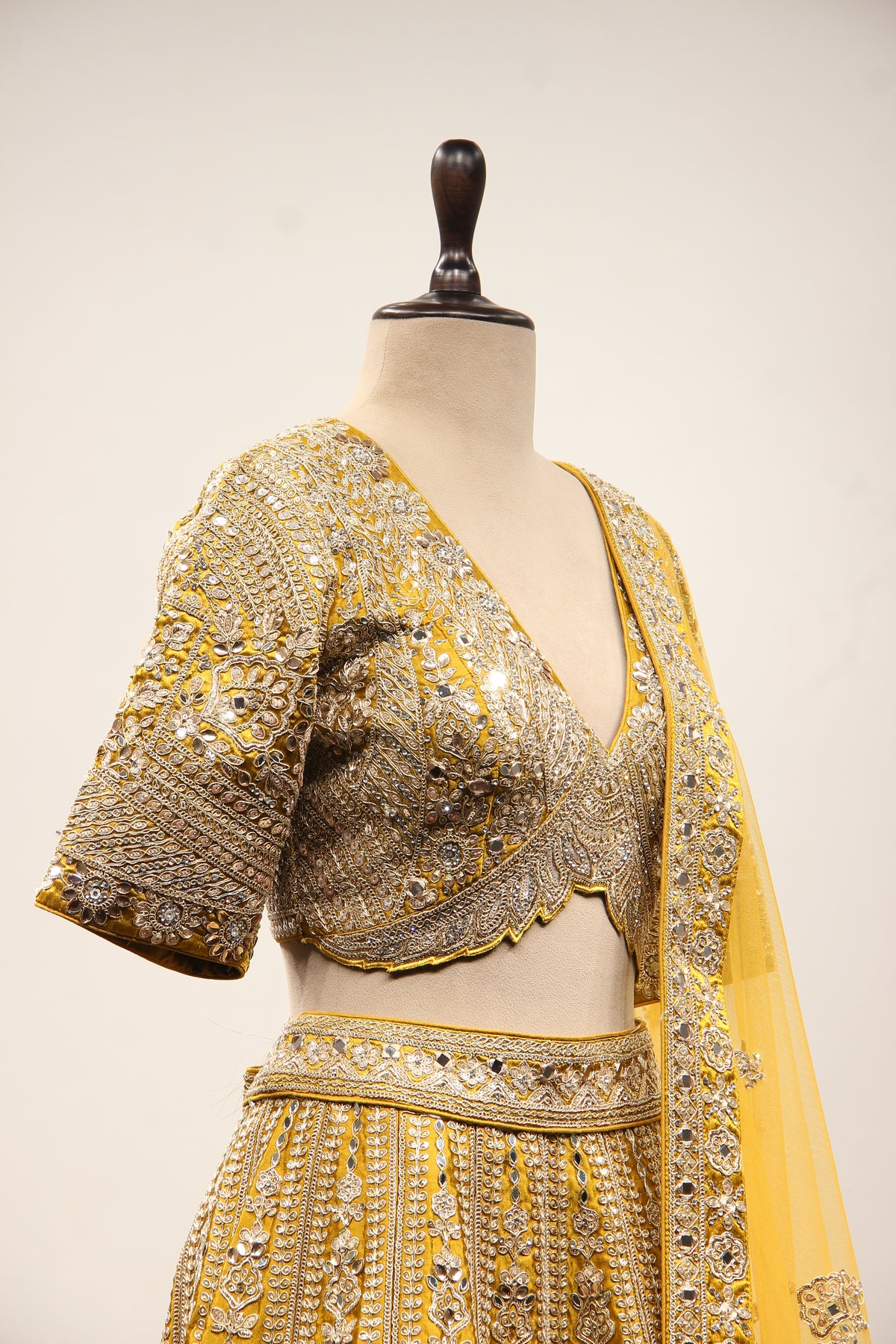 Mustard Silk Lehenga with Zari & Zardozi Handwork Crop Top – other side close-up