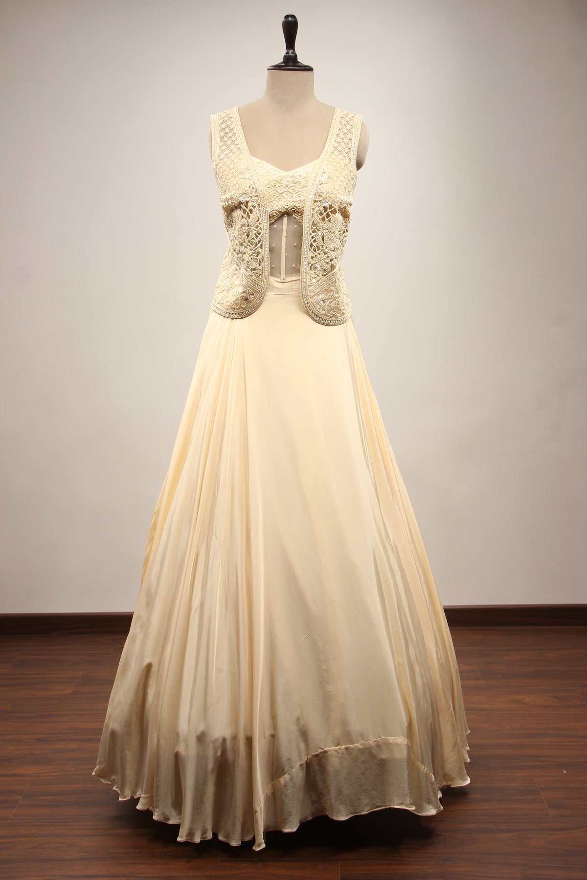 Cream Crepe Lehenga with Bead & Sequin Handwork Corset Jacket