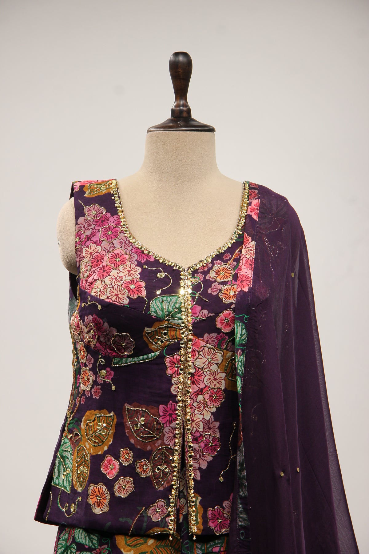 Purple Organza Long Top Indo Western with Printed & Mirror Handwork – front close-up
