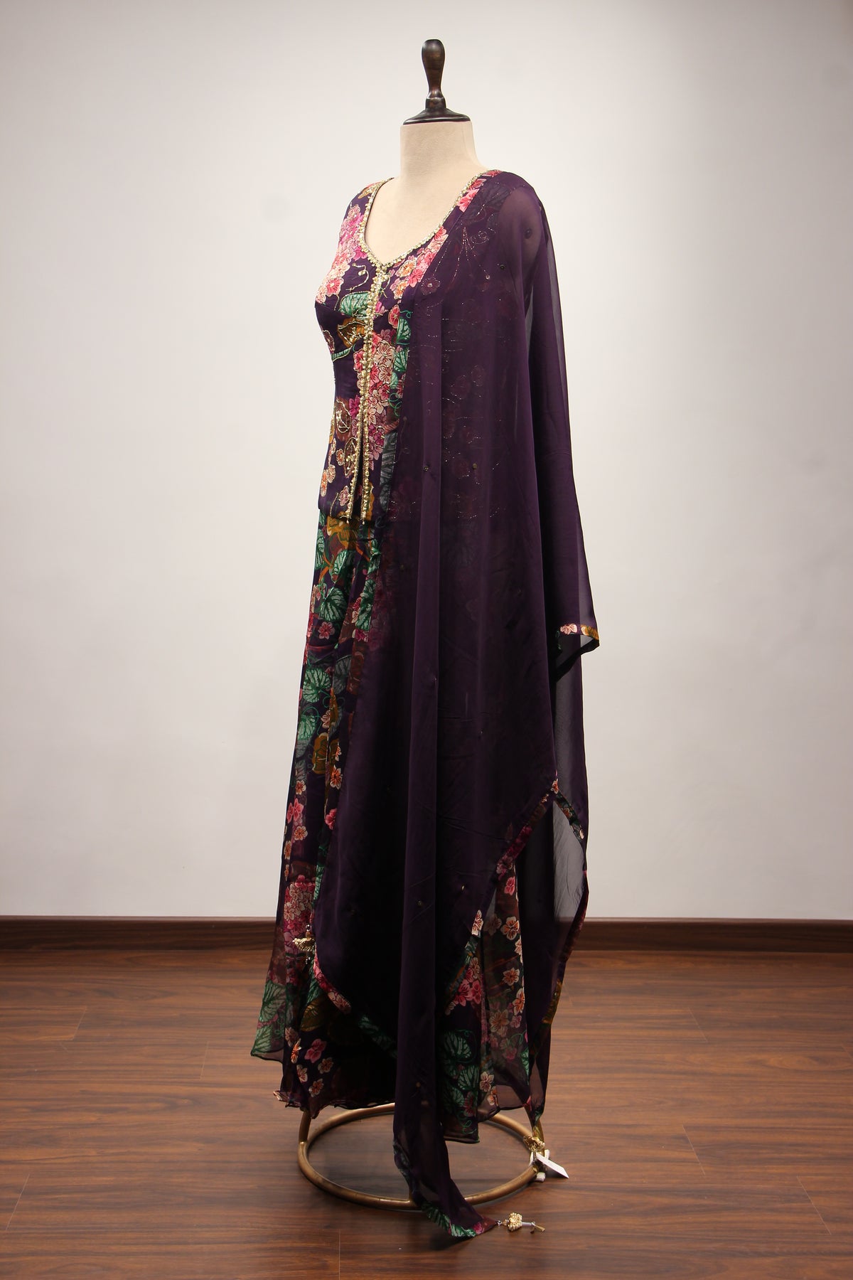 Purple Organza Long Top Indo Western with Printed & Mirror Handwork – side view