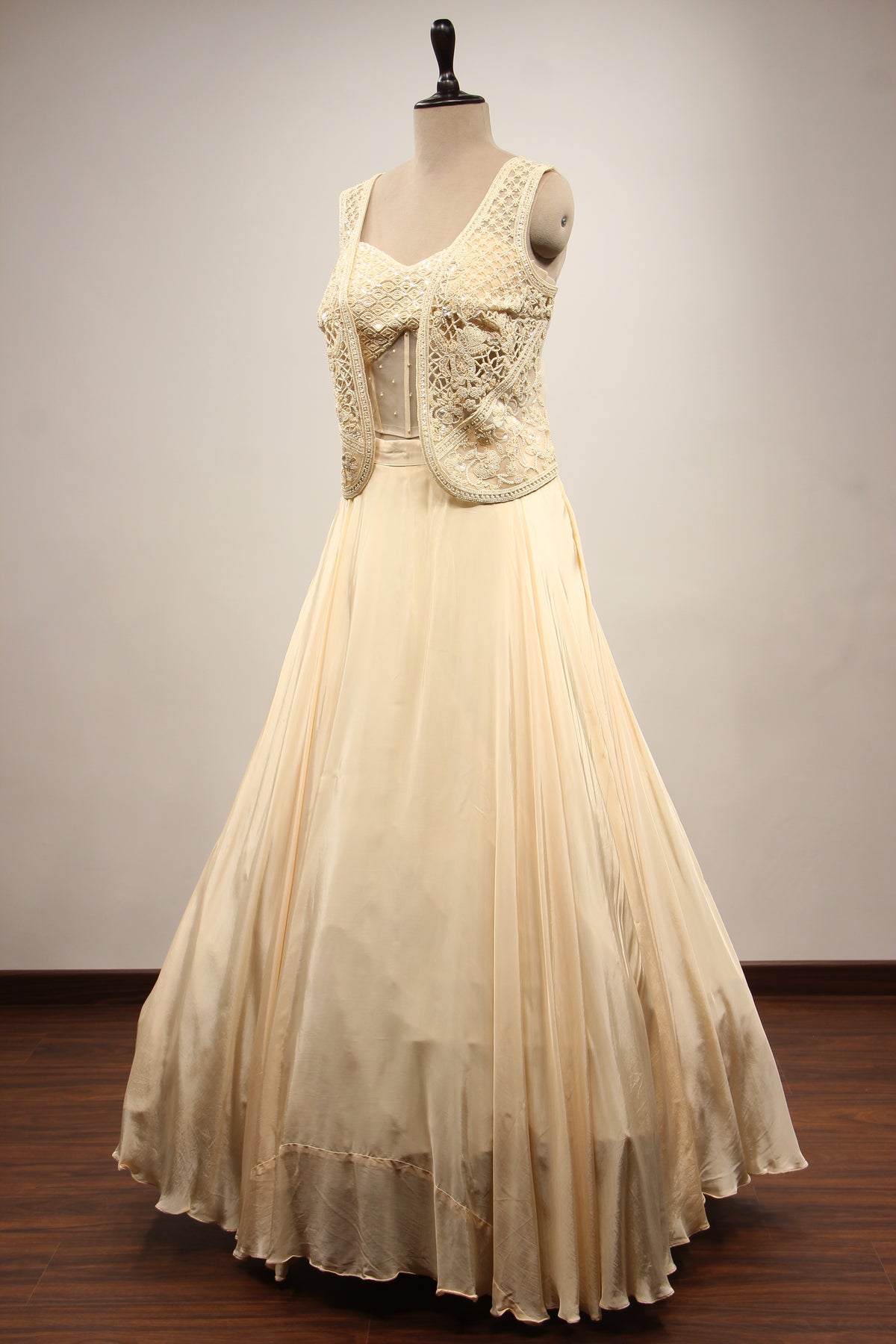 Cream Crepe Lehenga with Bead & Sequin Handwork Corset Jacket