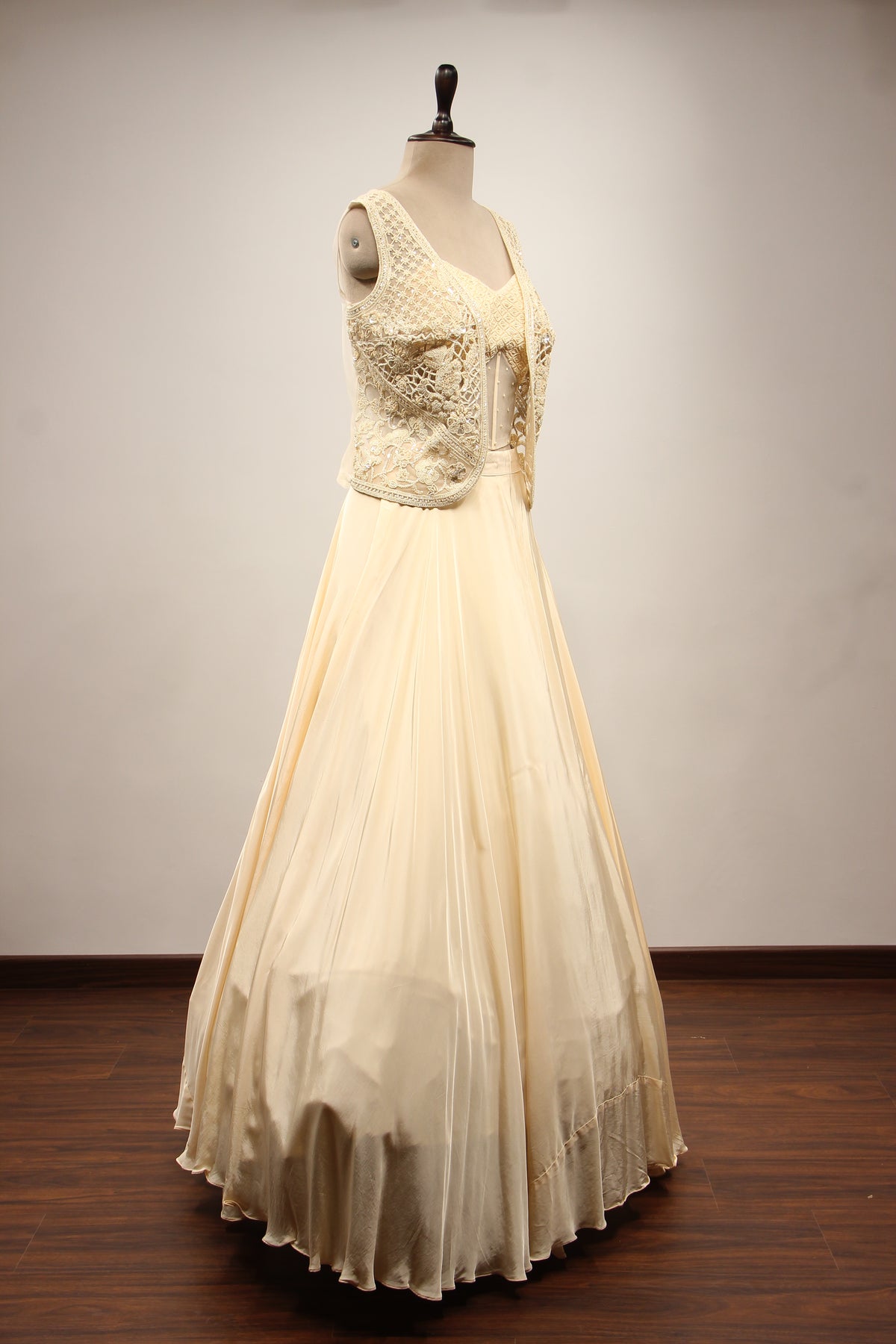 Cream Crepe Lehenga with Bead & Sequin Handwork Corset Jacket