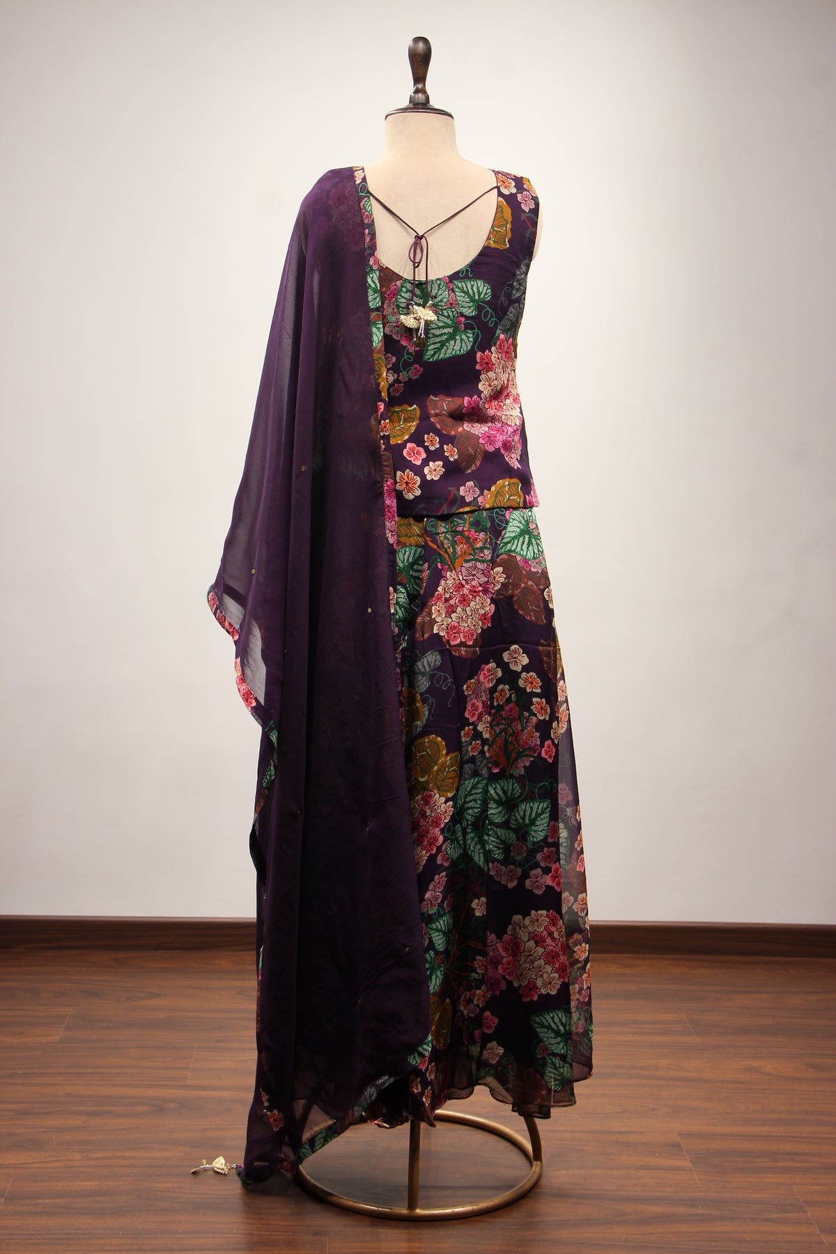 Purple Organza Long Top Indo Western with Printed & Mirror Handwork – back view