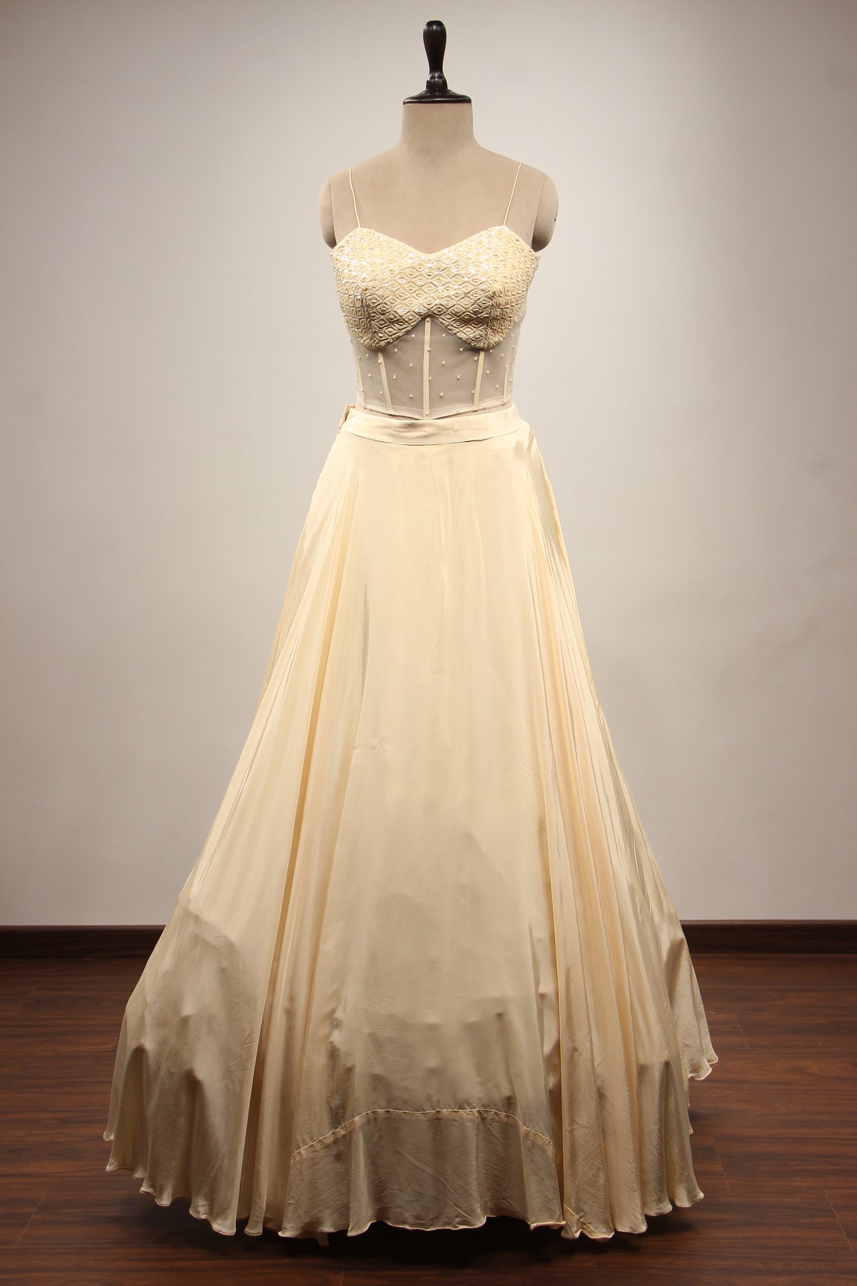 Cream Crepe Lehenga with Bead & Sequin Handwork Corset Jacket