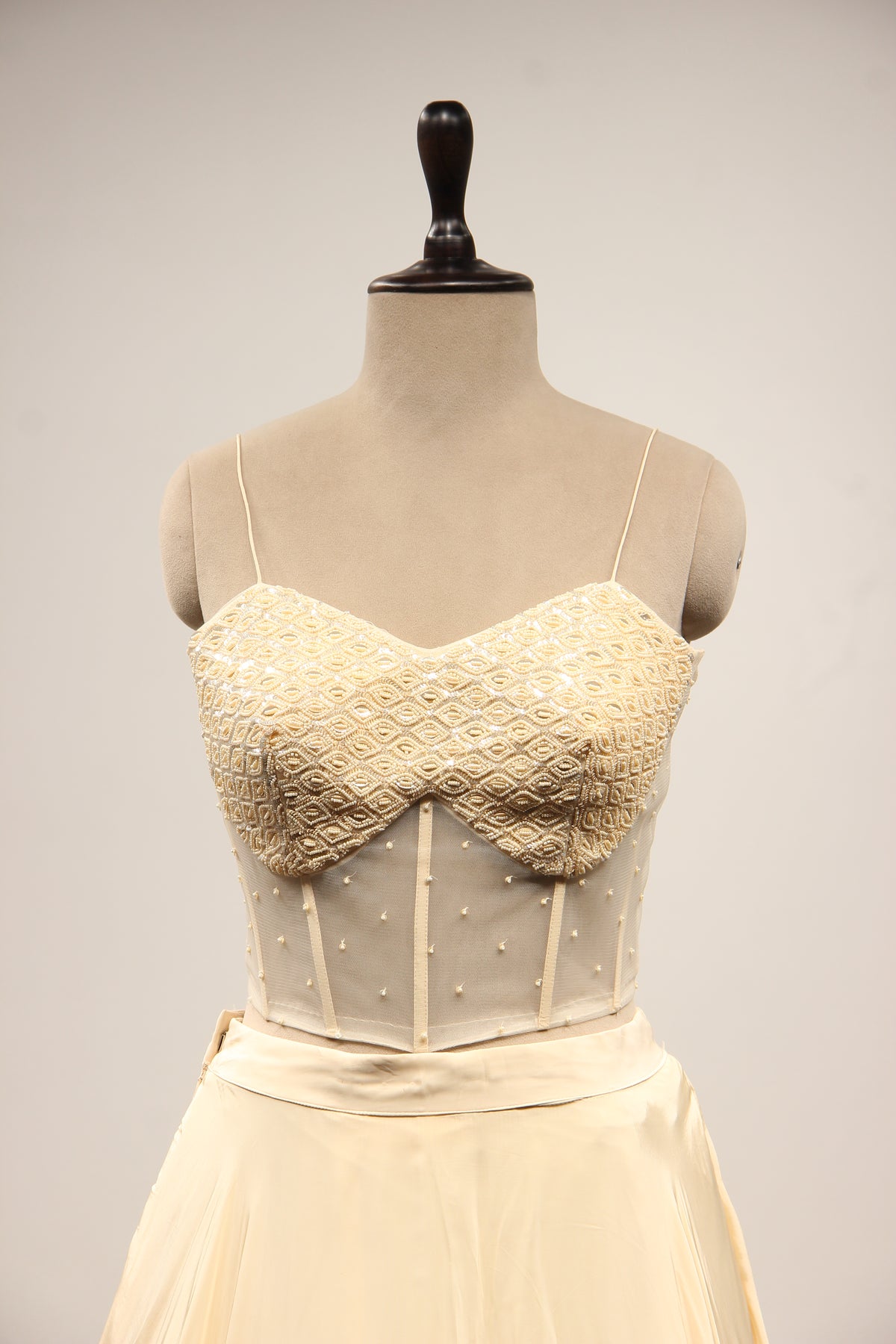 Cream Crepe Lehenga with Bead & Sequin Handwork Corset Jacket