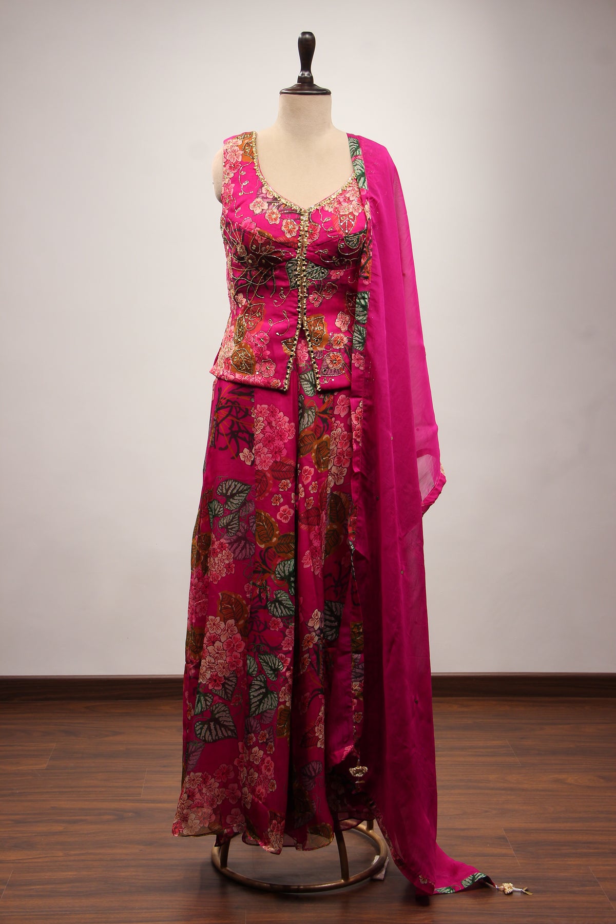 Rani Organza Indo Western Palazzo Set with Printed & Mirror Handwork – front view