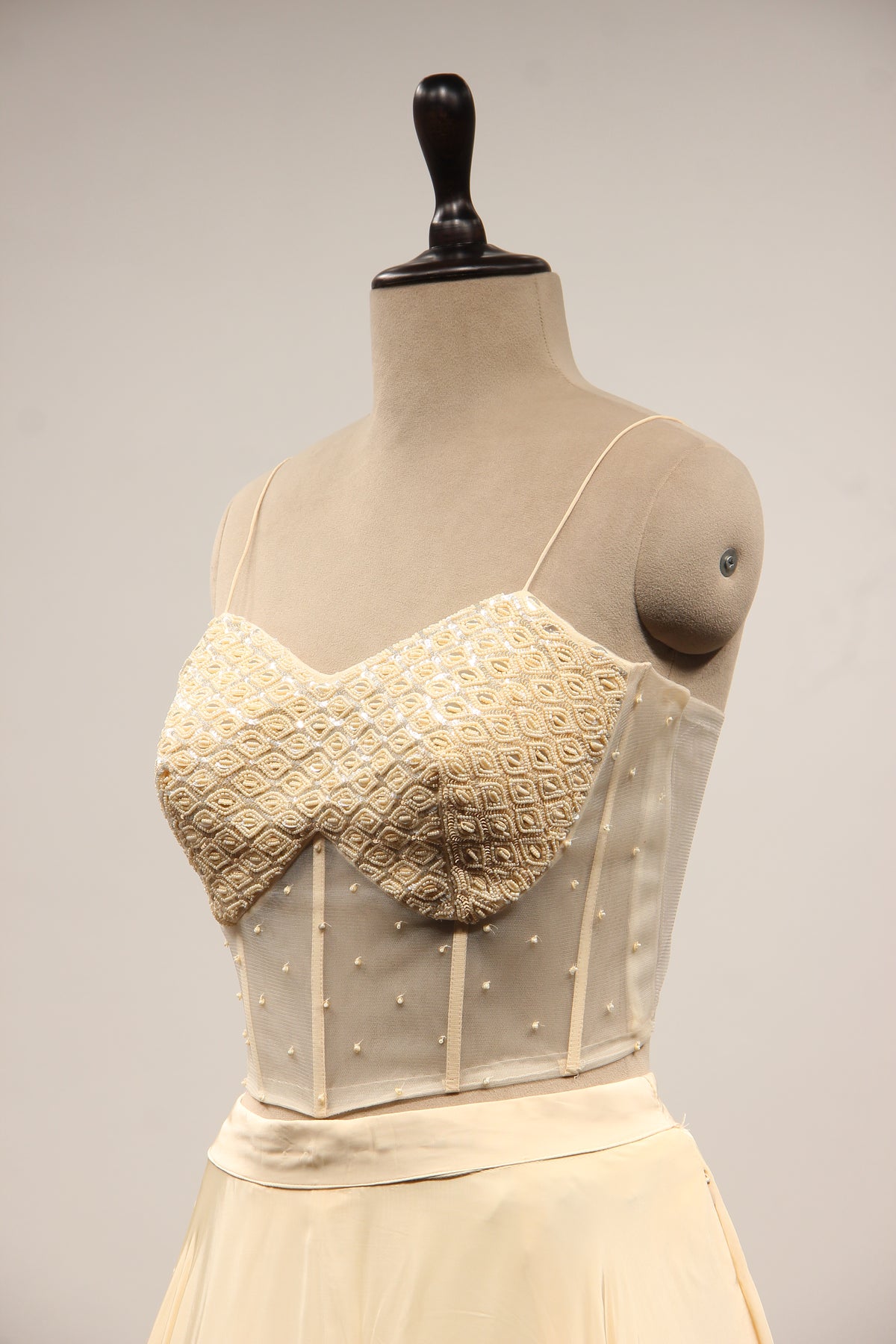 Cream Crepe Lehenga with Bead & Sequin Handwork Corset Jacket