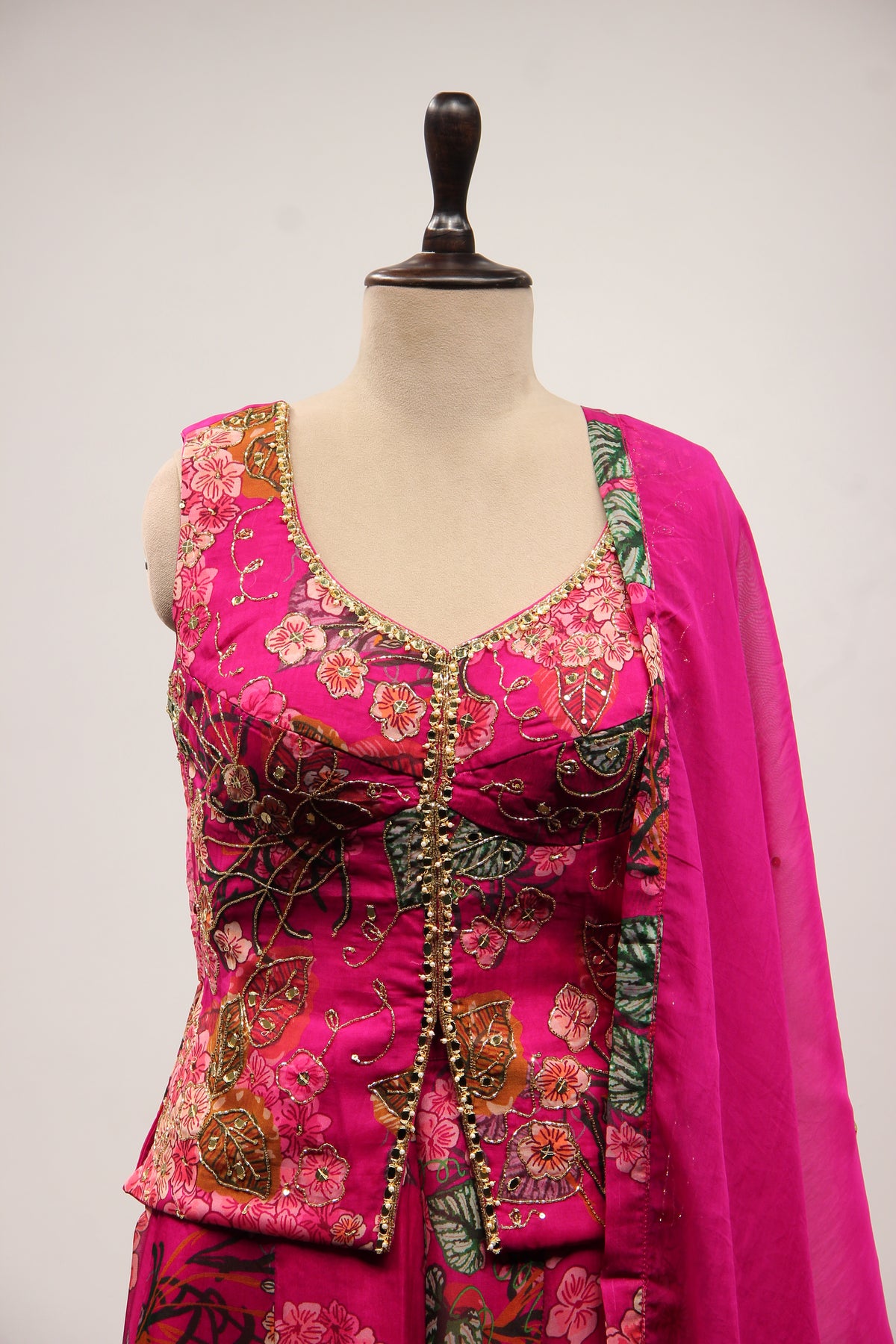 Rani Organza Indo Western Palazzo Set with Printed & Mirror Handwork – front close-up