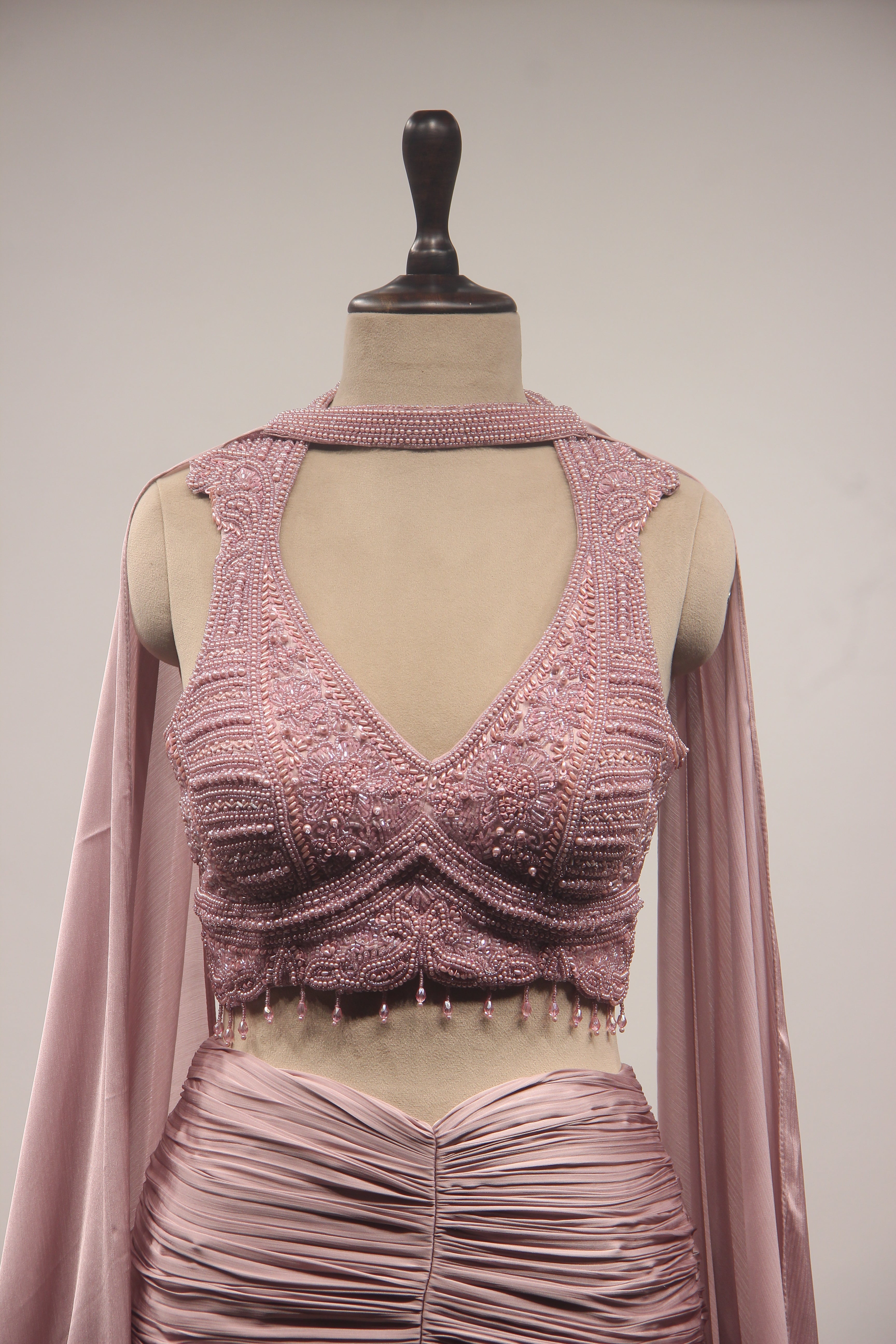 Pink Crepe Mermaid Lehenga with Corset, Bead & Cut Dana Handwork