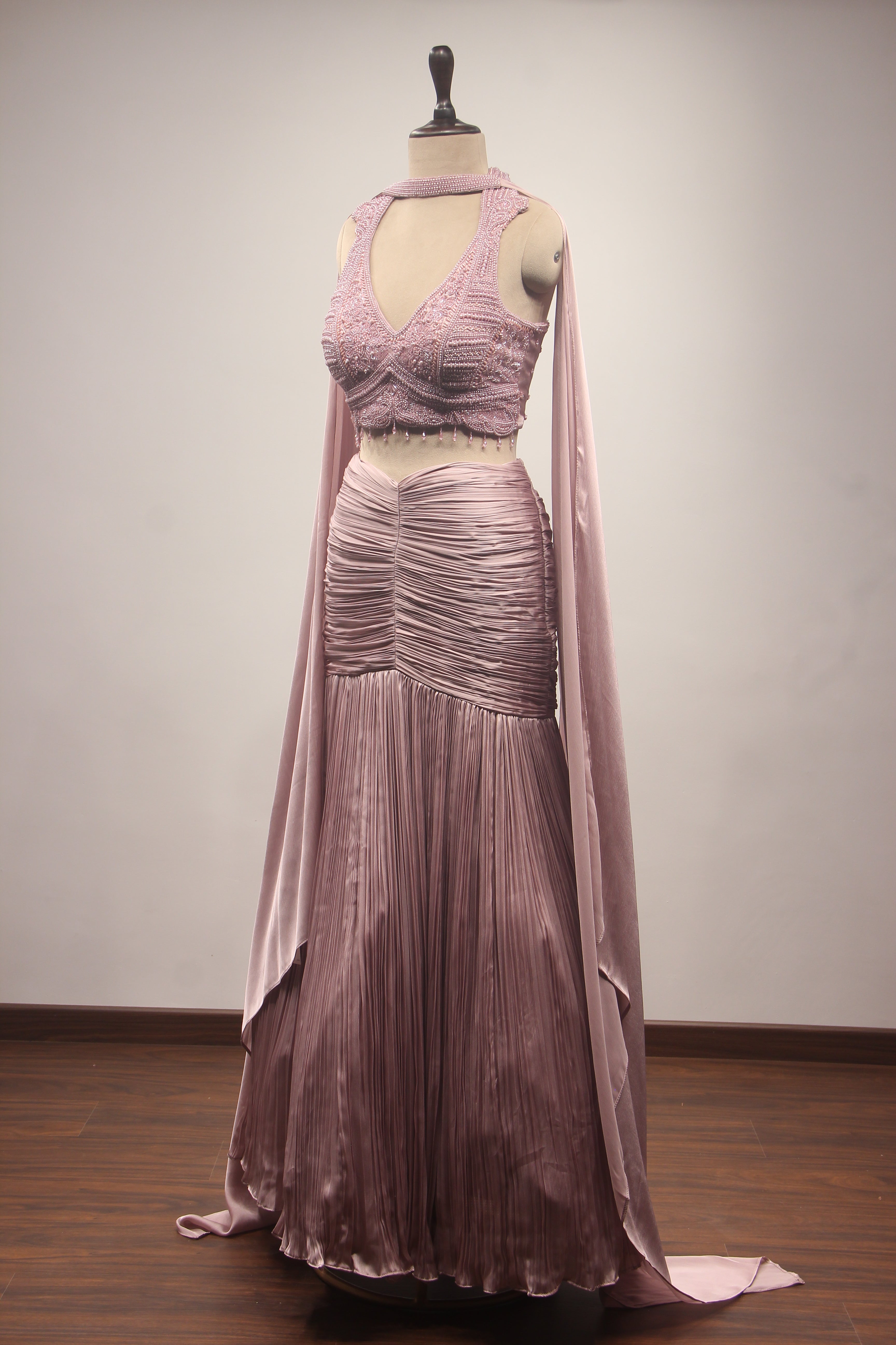 Pink Crepe Mermaid Lehenga with Corset, Bead & Cut Dana Handwork