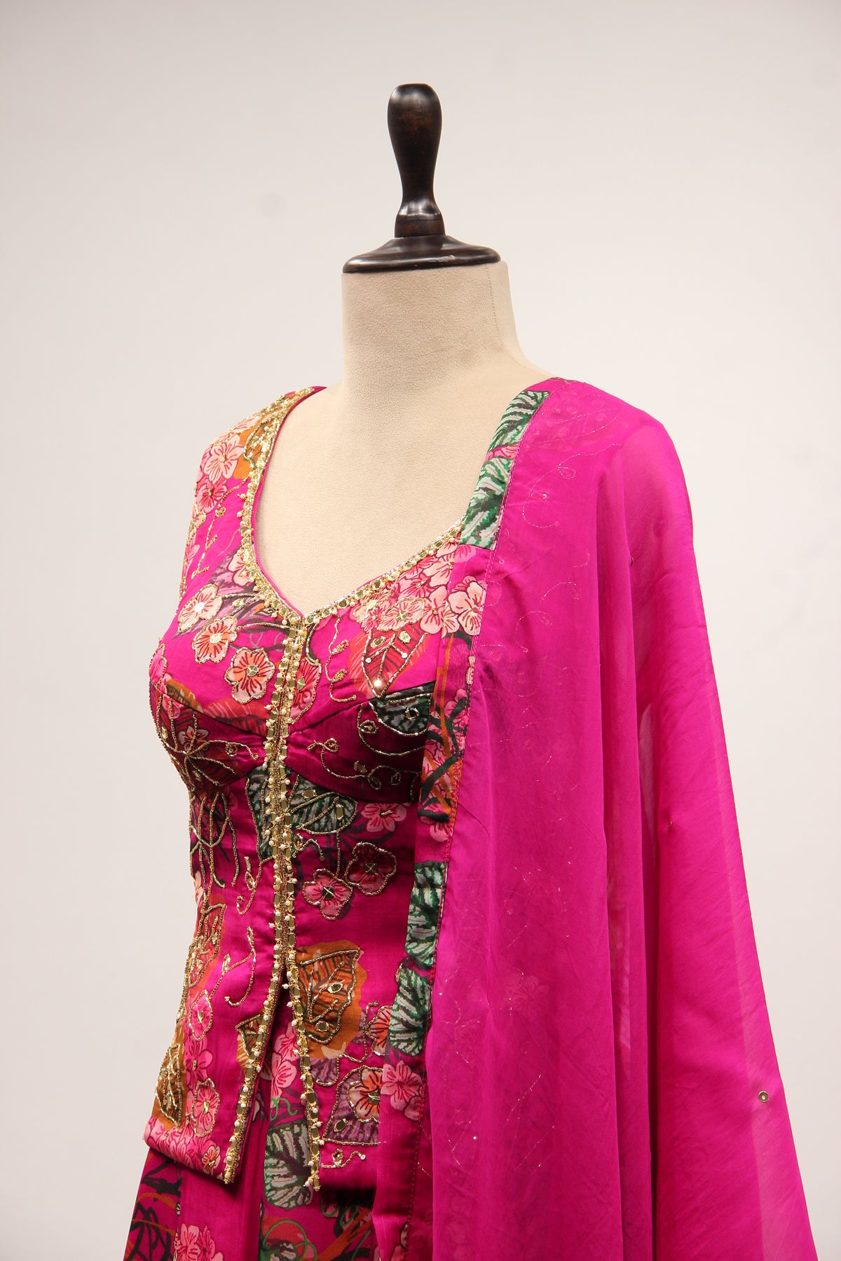 Rani Organza Indo Western Palazzo Set with Printed & Mirror Handwork – side close-up