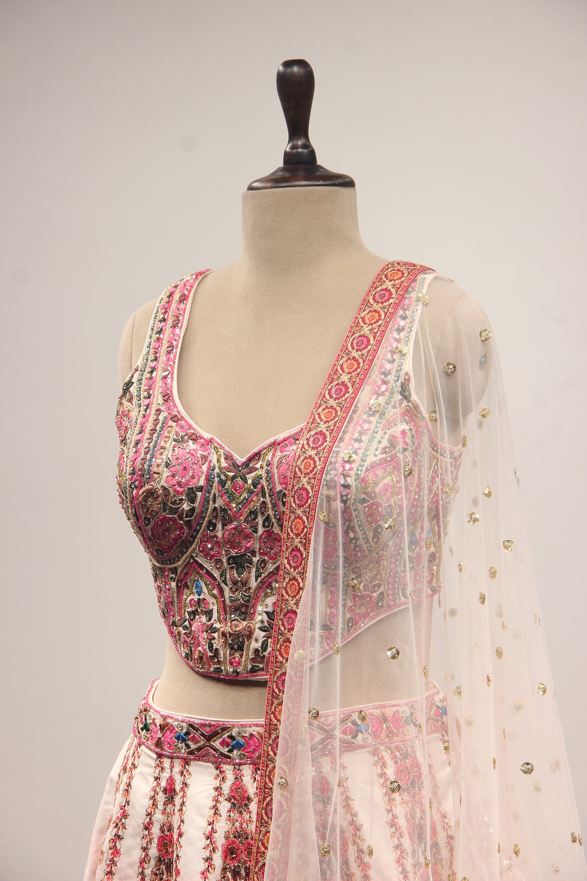 Pink Silk Lehenga with Printed & Thread Handwork Corset Blouse