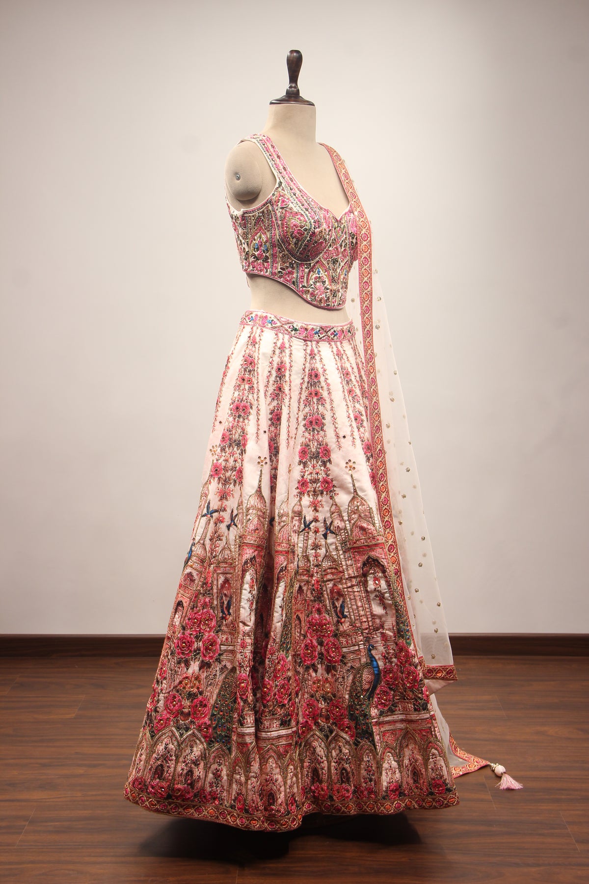 Pink Silk Lehenga with Printed & Thread Handwork Corset Blouse