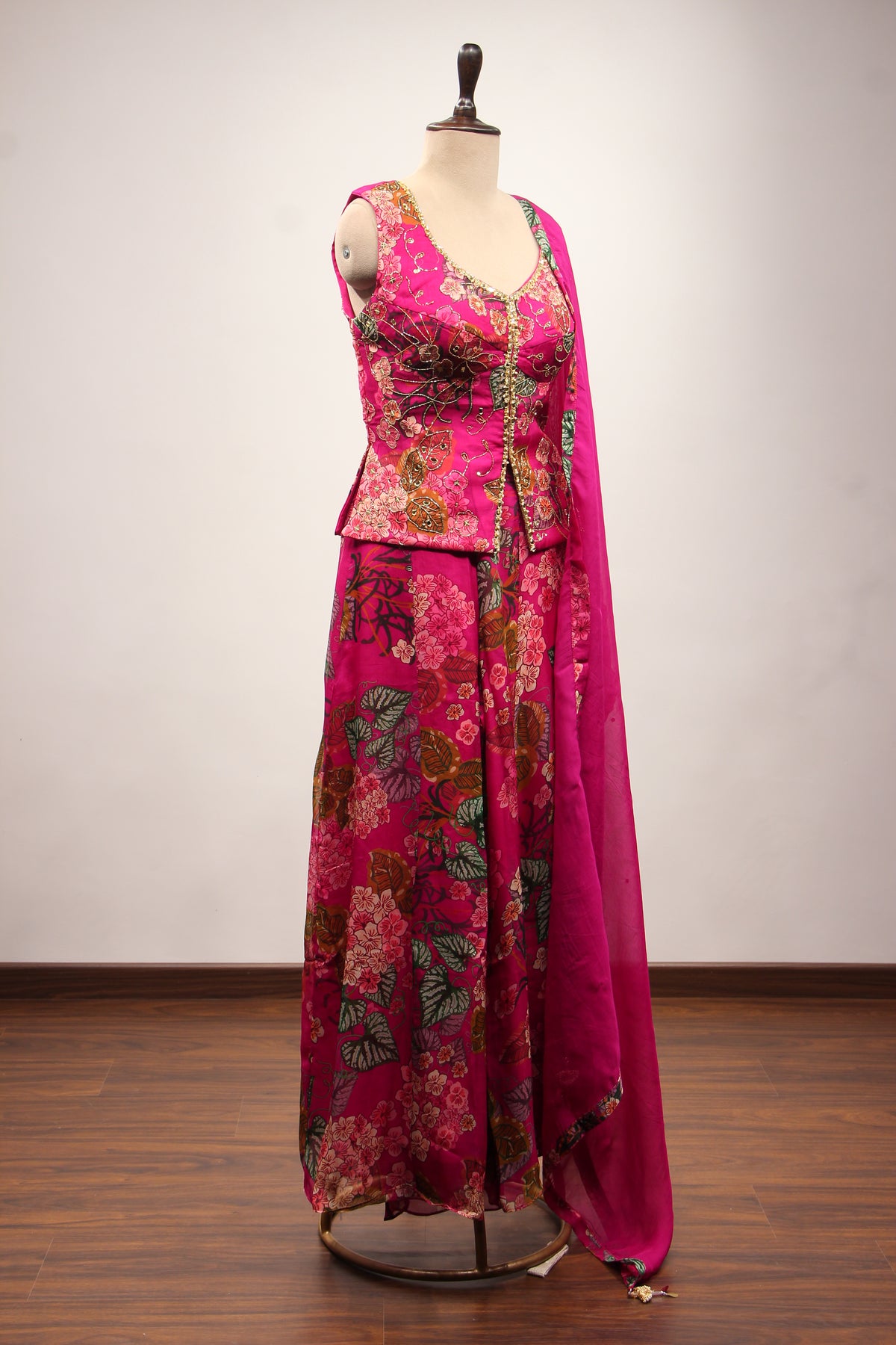 Rani Organza Indo Western Palazzo Set with Printed & Mirror Handwork – other side view