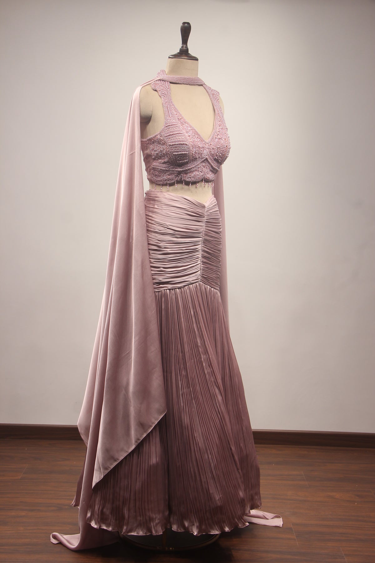 Pink Crepe Mermaid Lehenga with Corset, Bead & Cut Dana Handwork