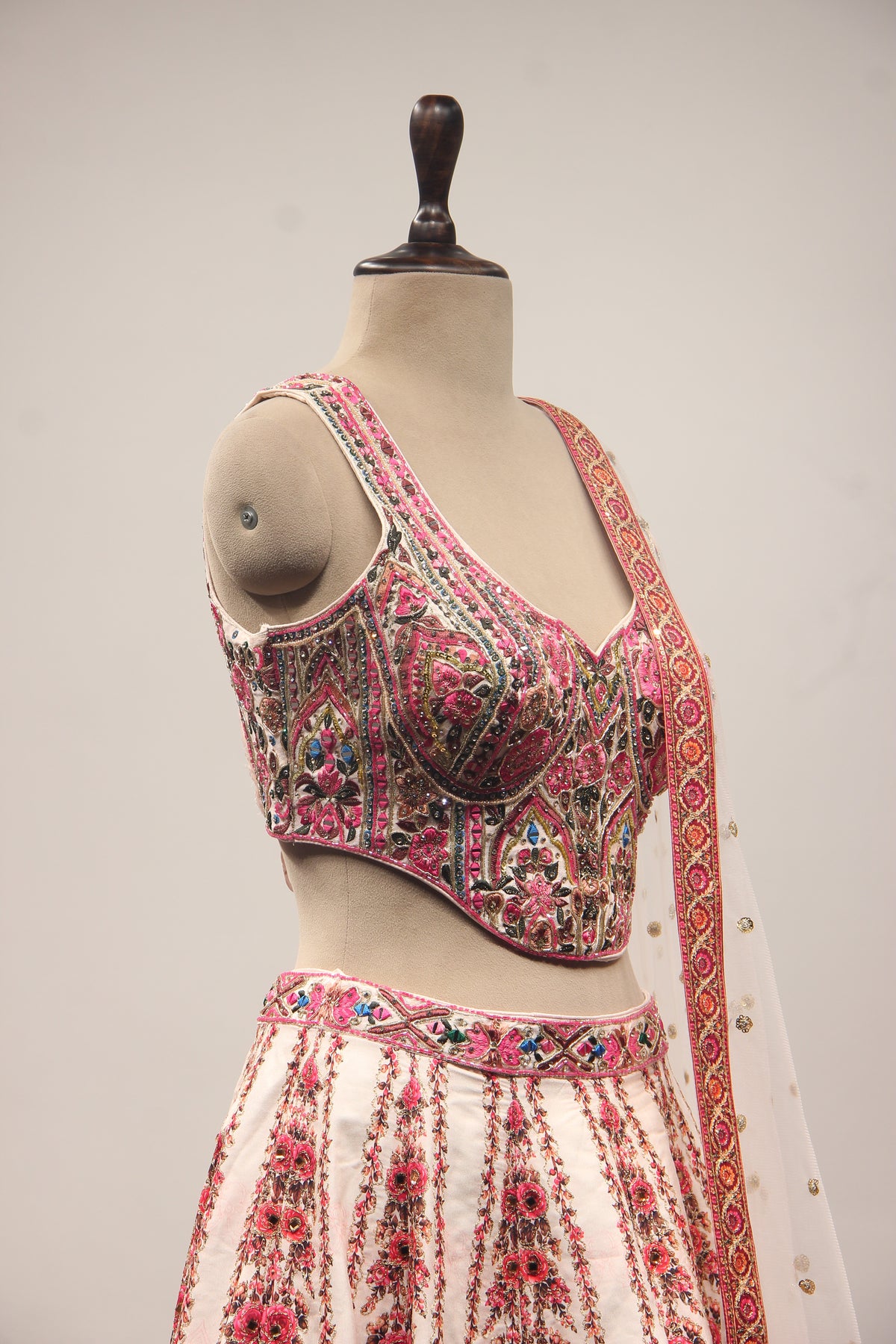 Pink Silk Lehenga with Printed & Thread Handwork Corset Blouse