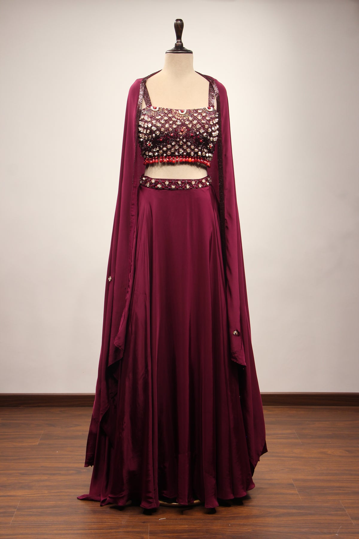 Wine Crepe Lehenga with Stone & Sequin Handwork Crop Top Shrug