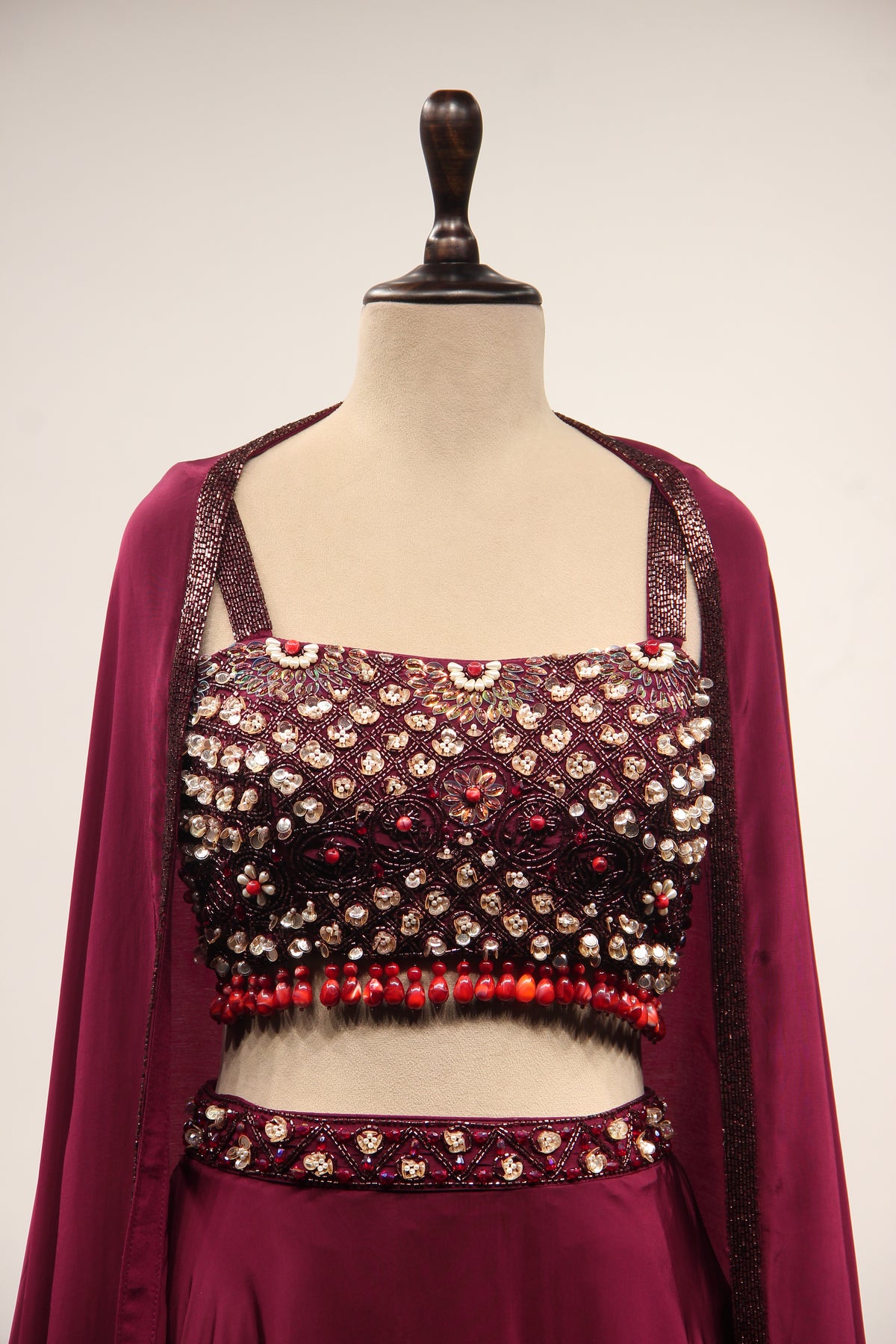 Wine Crepe Lehenga with Stone & Sequin Handwork Crop Top Shrug