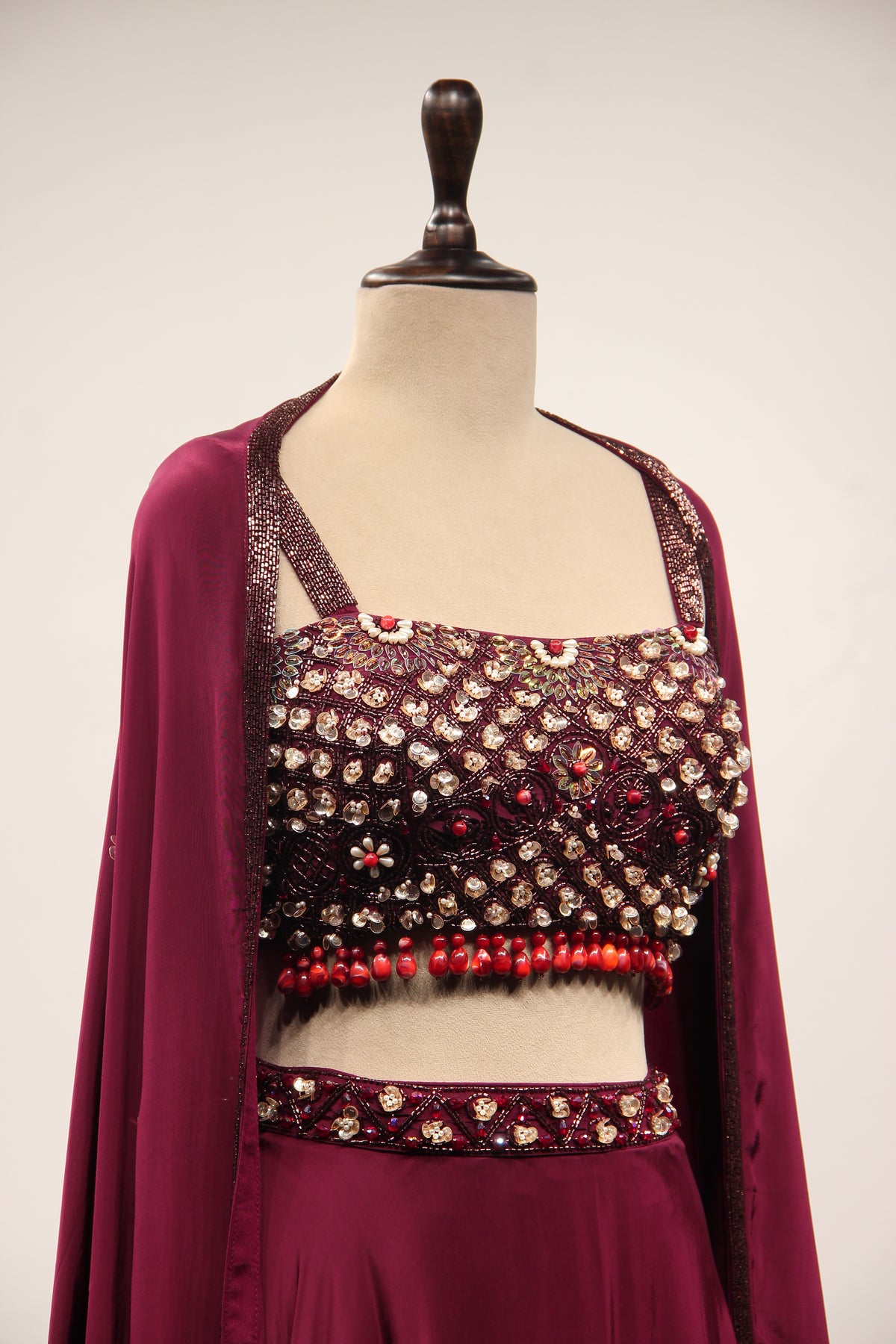 Wine Crepe Lehenga with Stone & Sequin Handwork Crop Top Shrug
