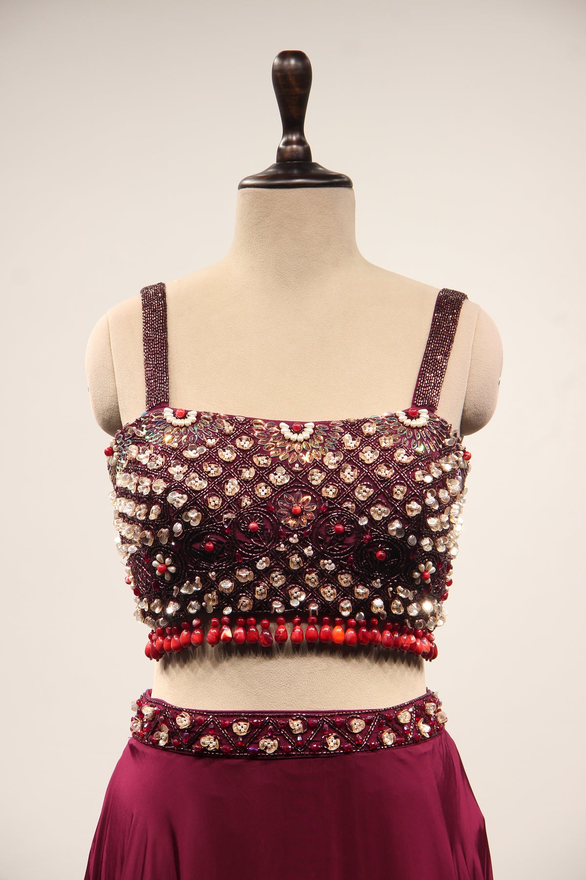 Wine Crepe Lehenga with Stone & Sequin Handwork Crop Top Shrug