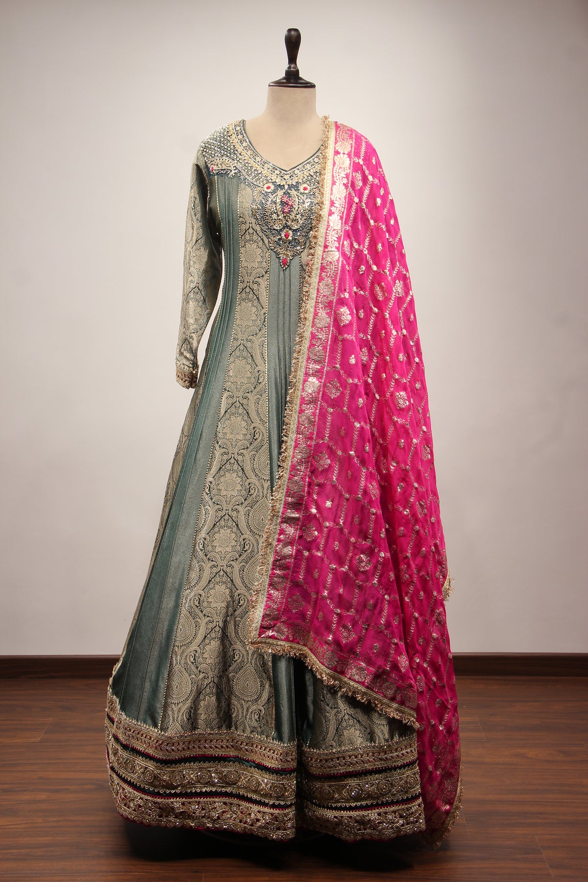 Banarasi Brocade Gown with Mirror & Zari Handwork Anarkali – front view