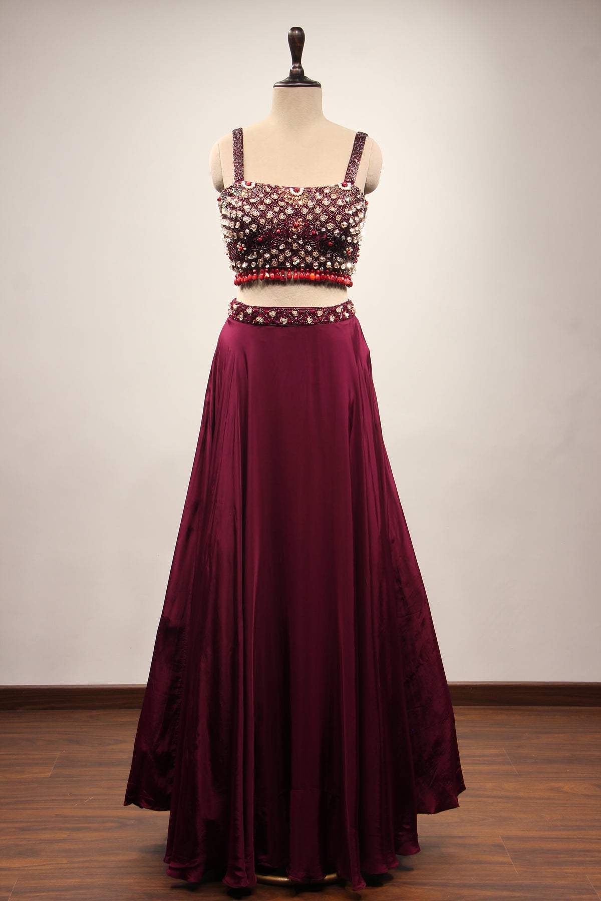 Wine Crepe Lehenga with Stone & Sequin Handwork Crop Top Shrug
