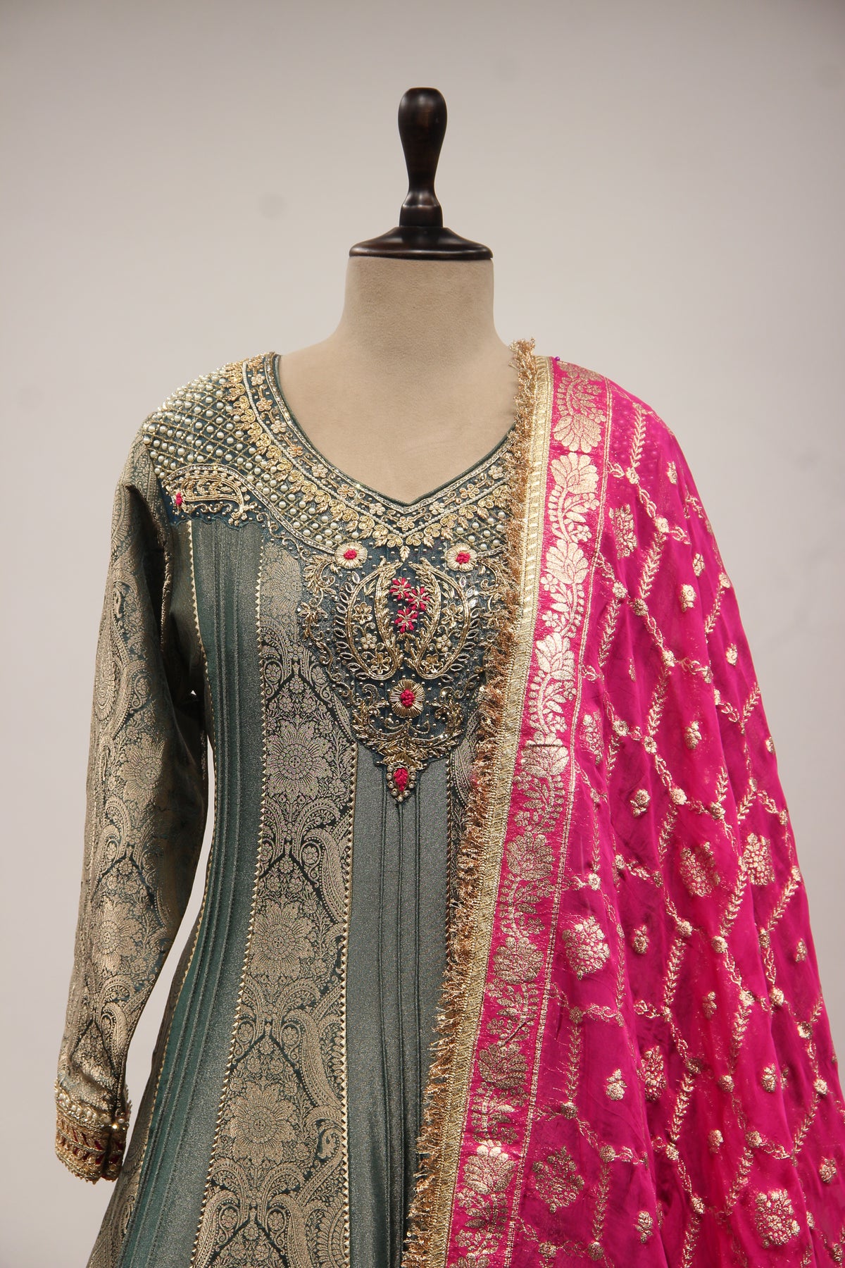 Banarasi Brocade Gown with Mirror & Zari Handwork Anarkali – front close-up