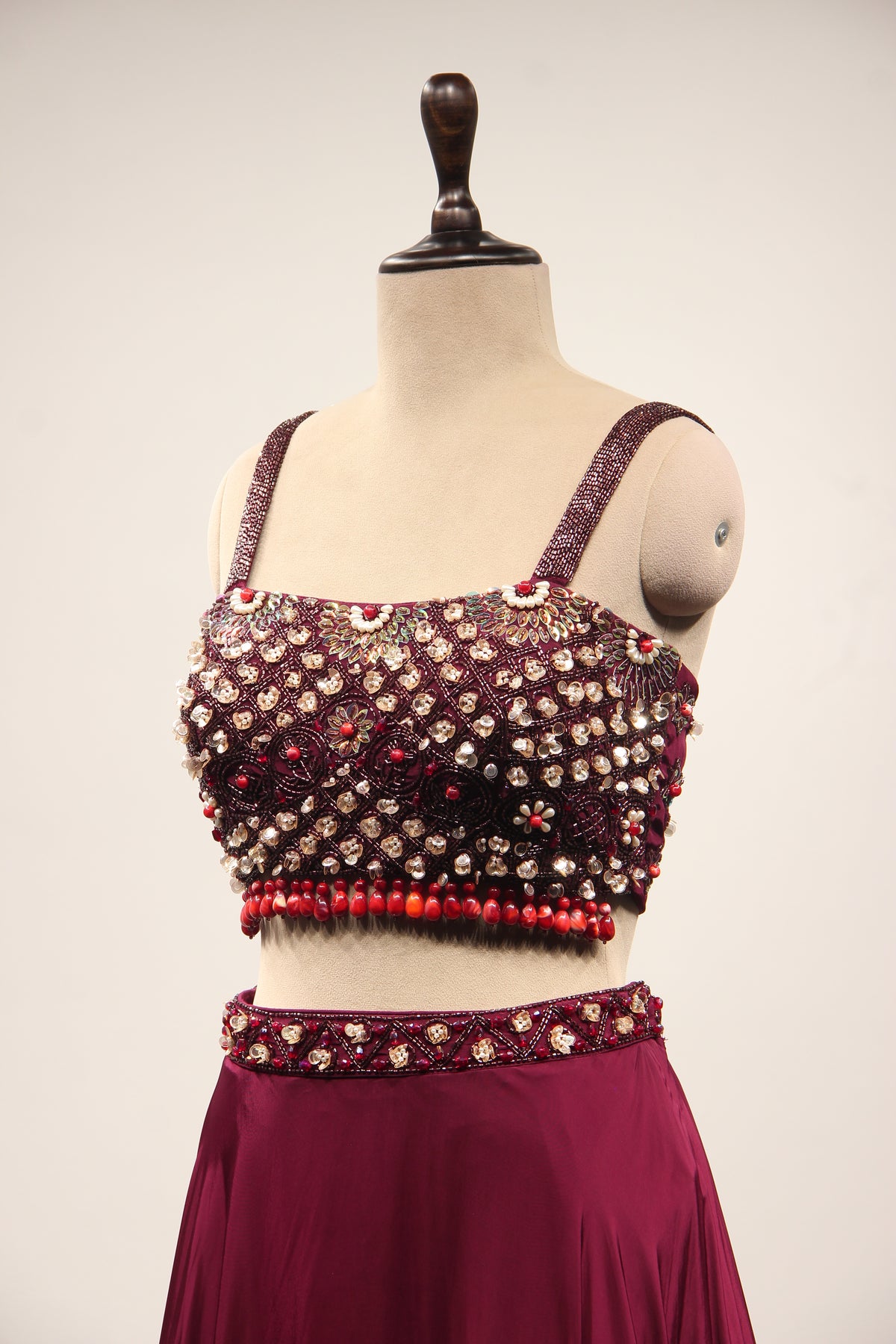 Wine Crepe Lehenga with Stone & Sequin Handwork Crop Top Shrug